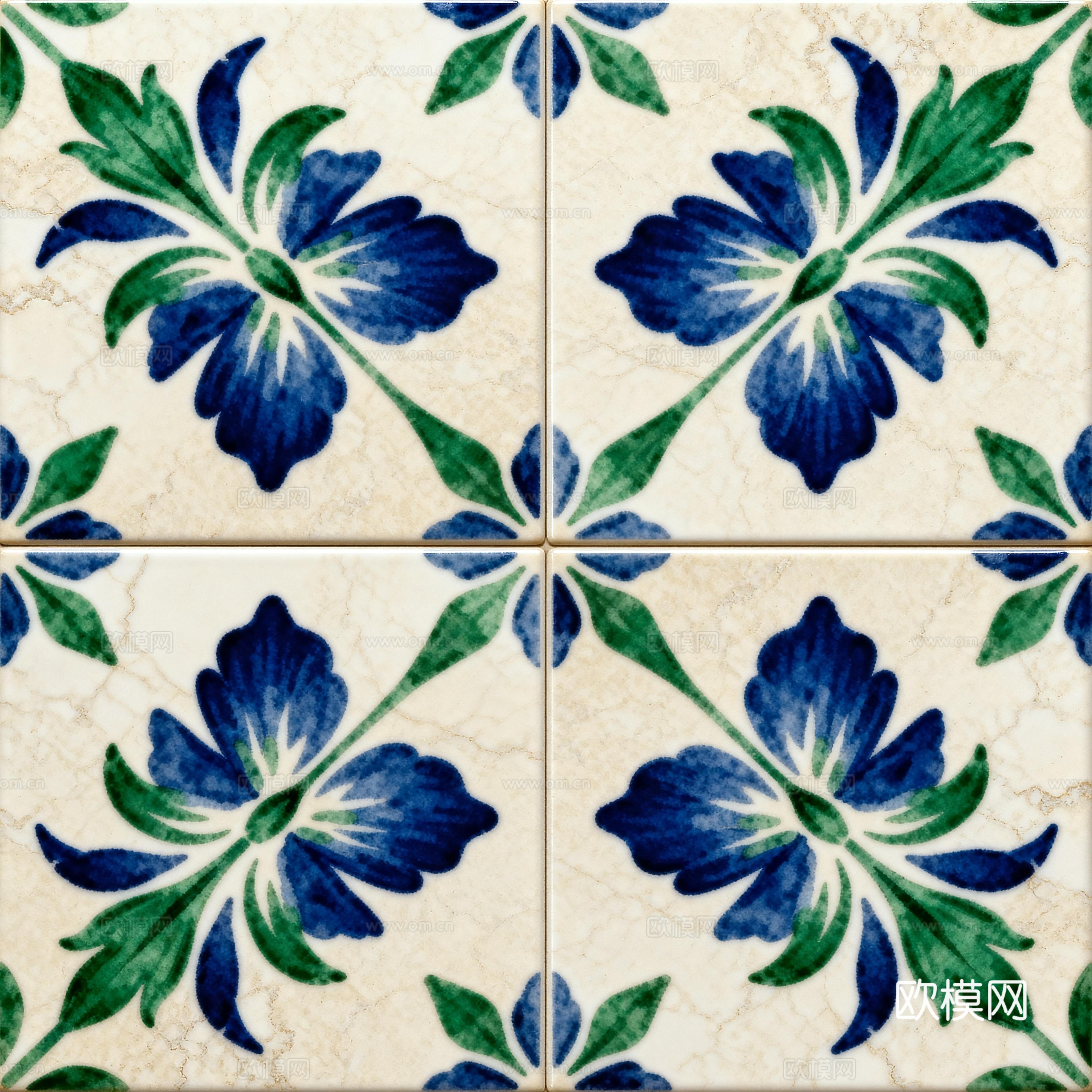 田园风 蓝绿色花砖 绿色手绘艺术花砖 工艺砖 花纹图案花砖
