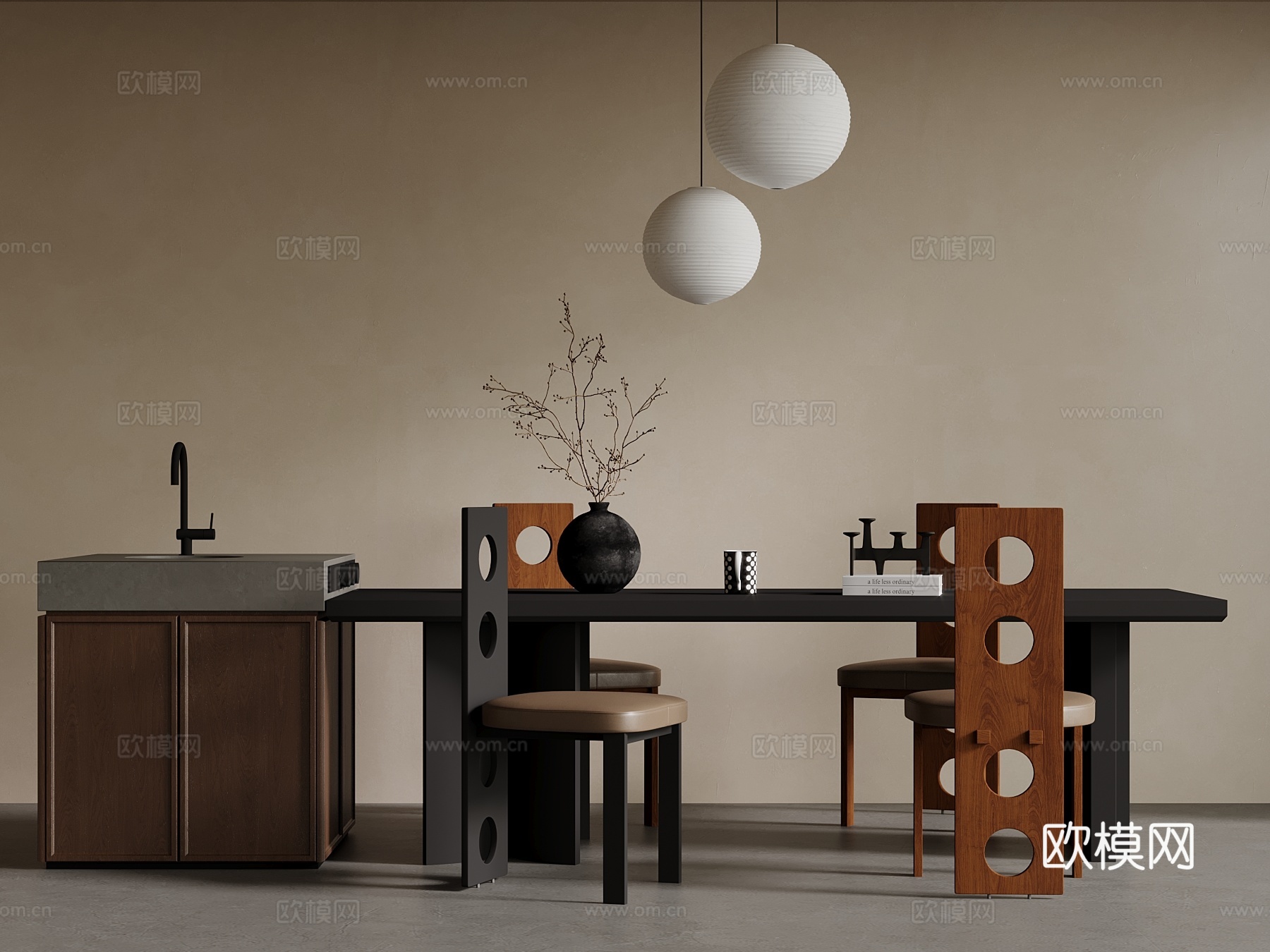中古风岛台 餐桌椅su模型
