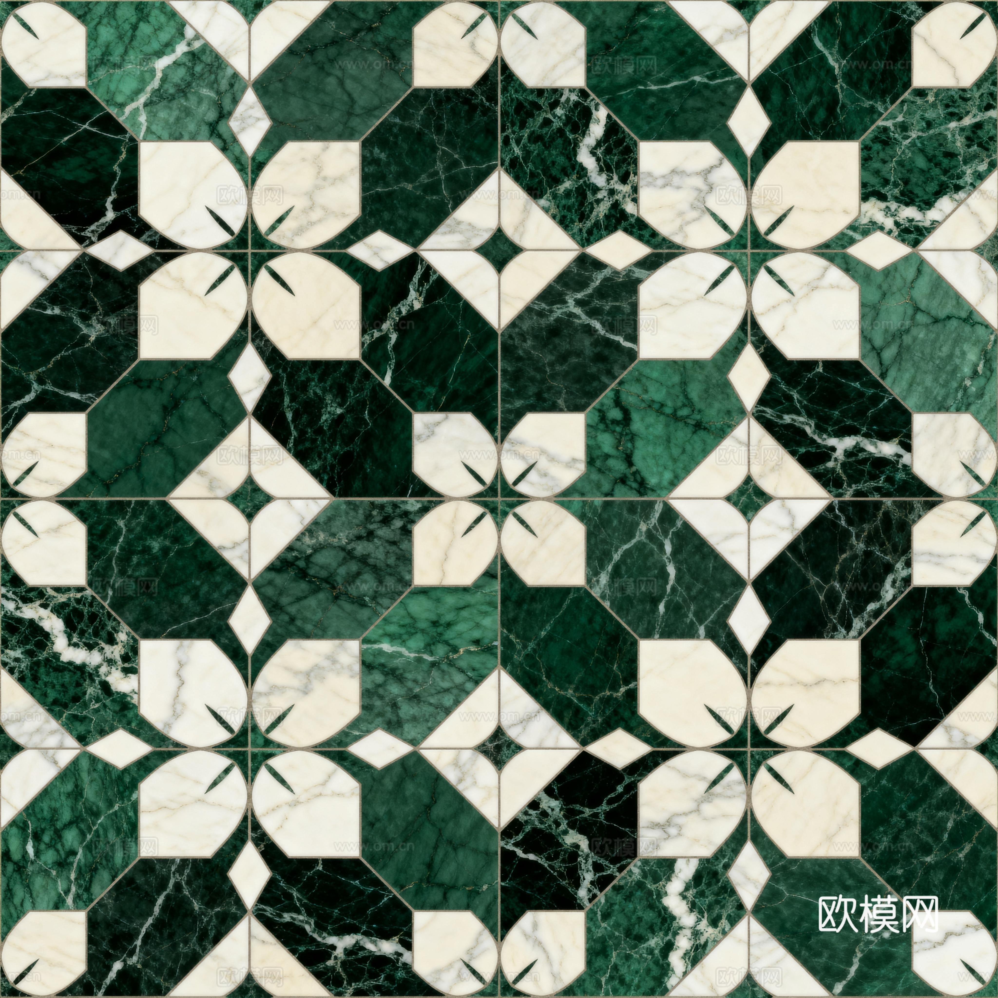 轻奢绿白色石材拼花 花卉水切刀拼花石材 绿色石材拼花马赛克