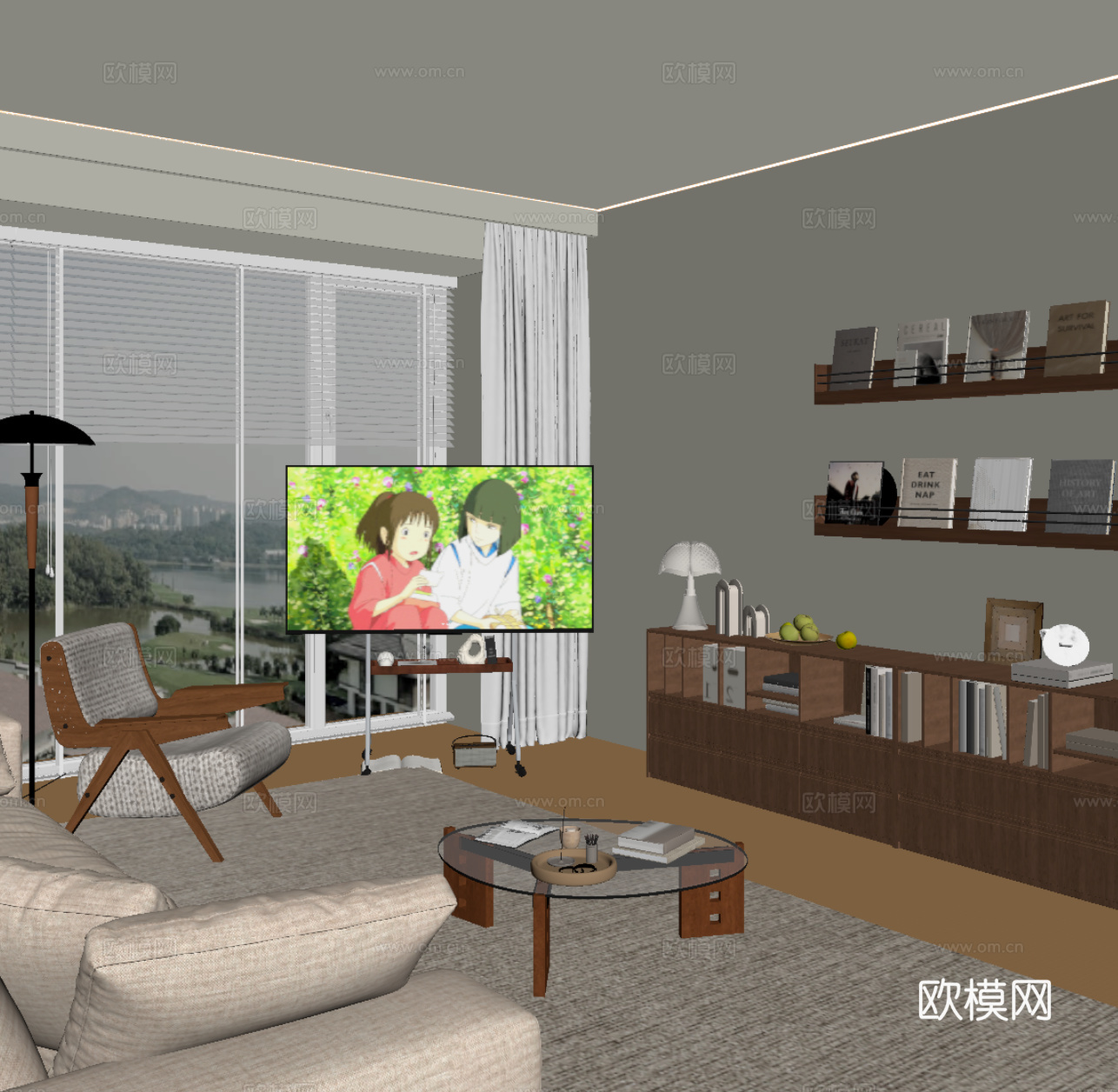 中古风客厅 书柜 书架 休闲椅 支架电视su模型