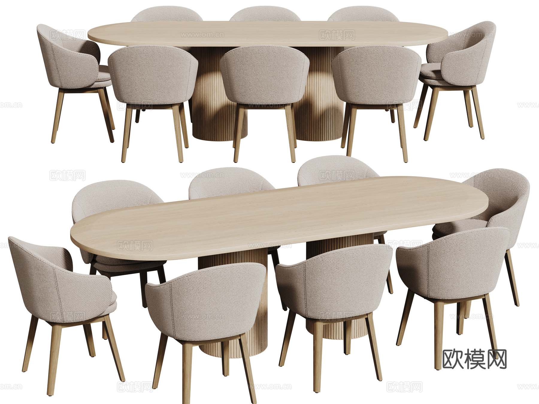奶油风桌椅组合 餐桌组合 餐桌 长桌 休闲桌椅su模型