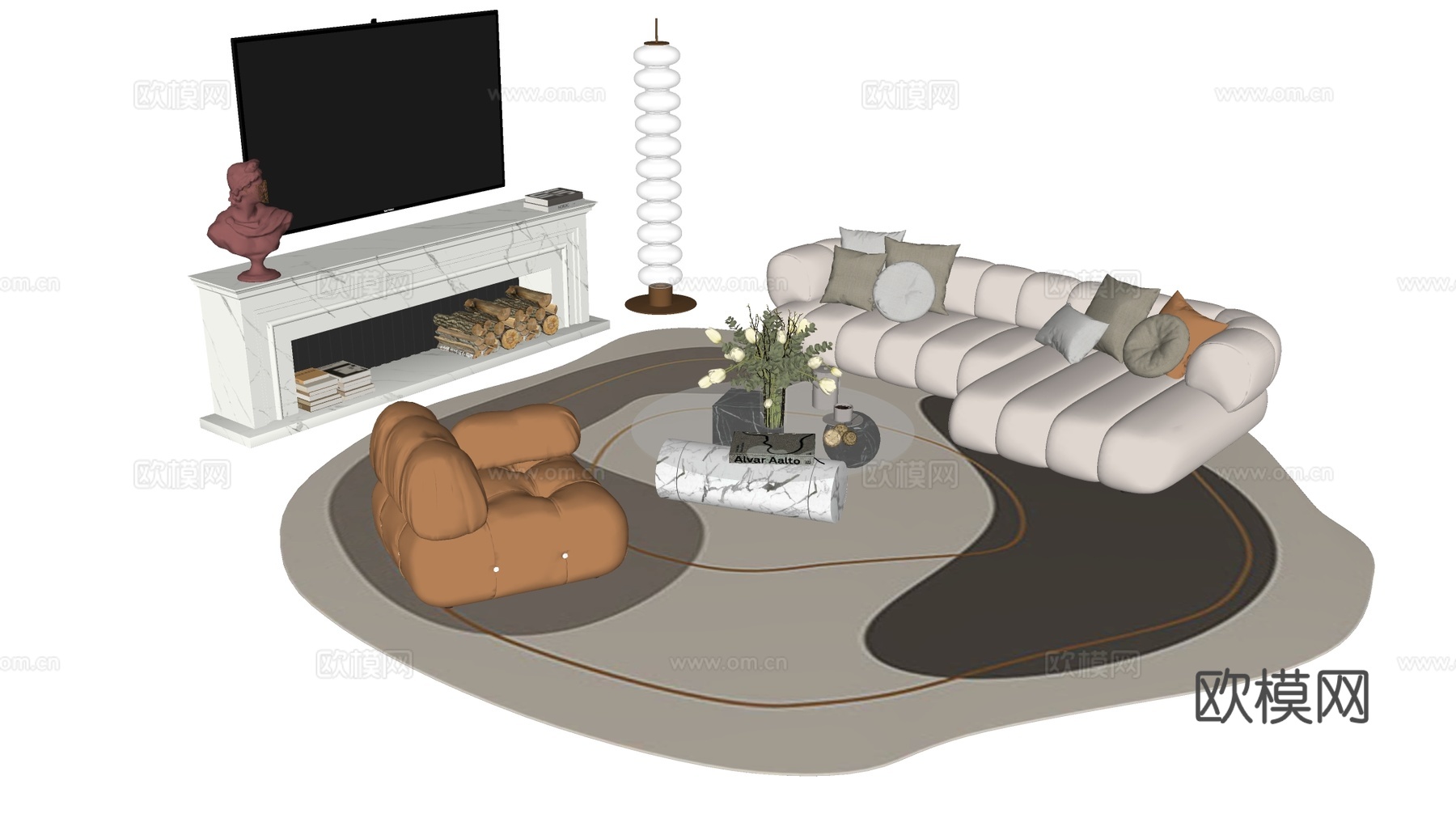 现代简约客厅家具 L型沙发 圆形茶几 壁炉su模型