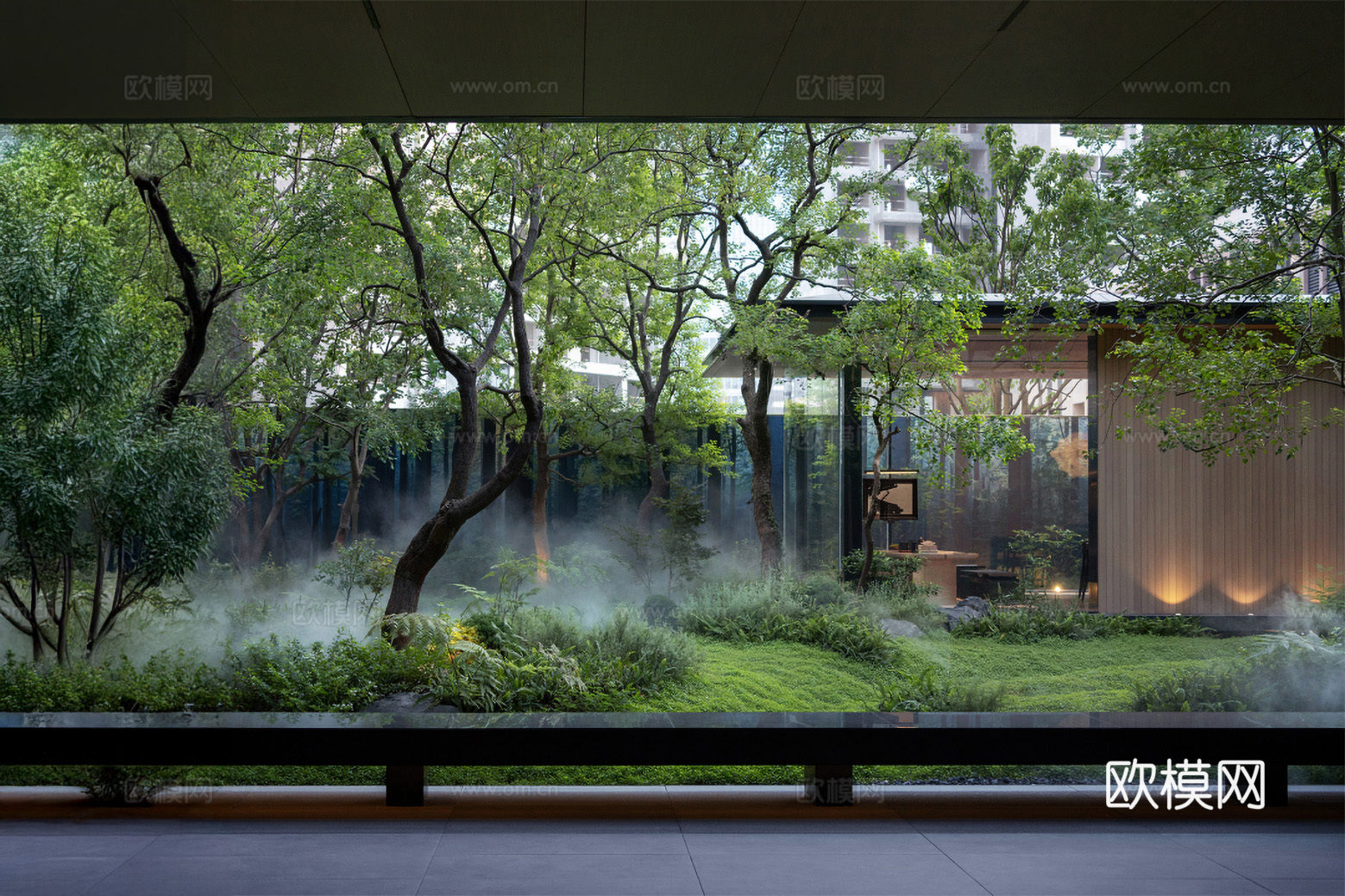 中式廊道外景_绿植庭院外景_雾森景观外景