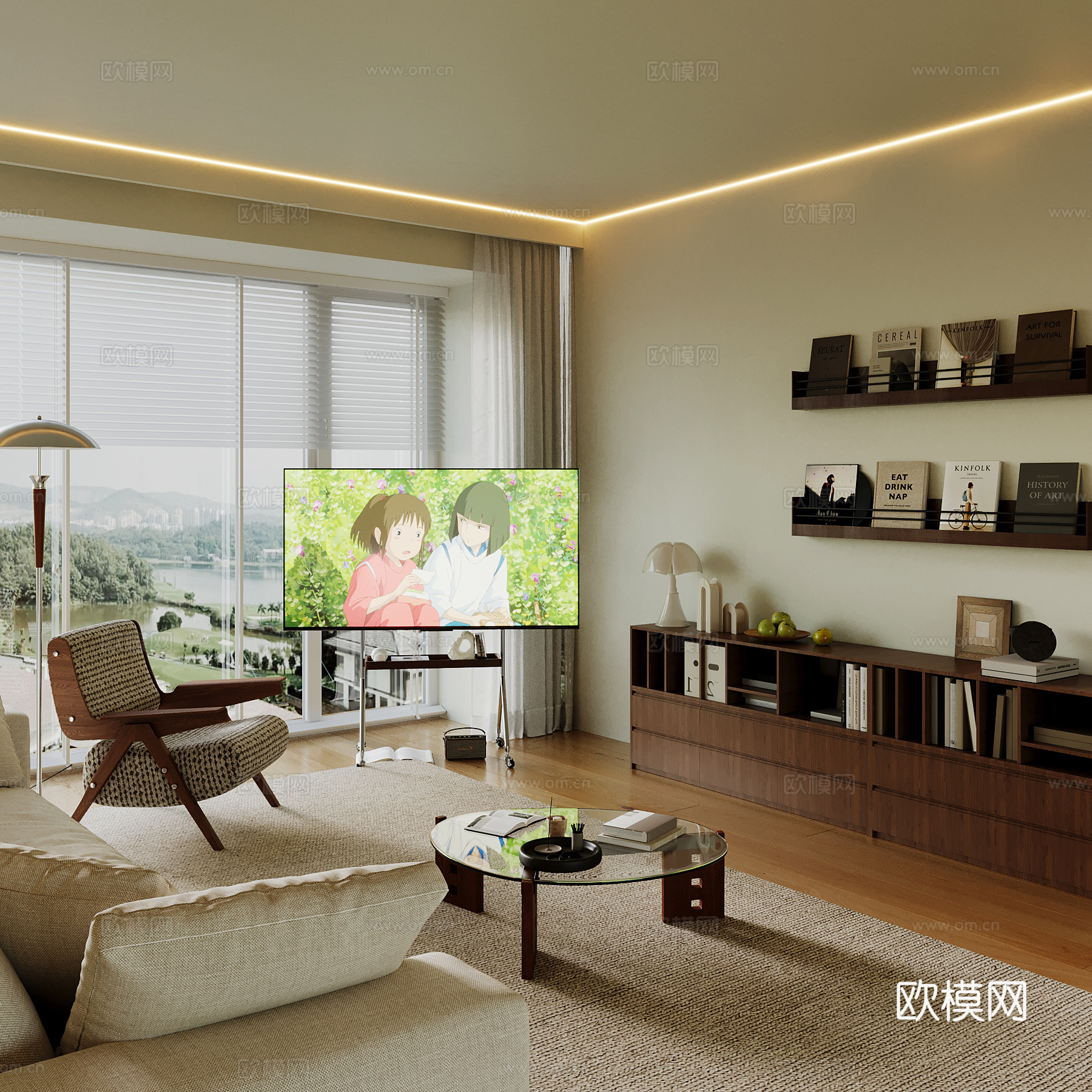 中古风客厅 书柜 书架 休闲椅 支架电视su模型