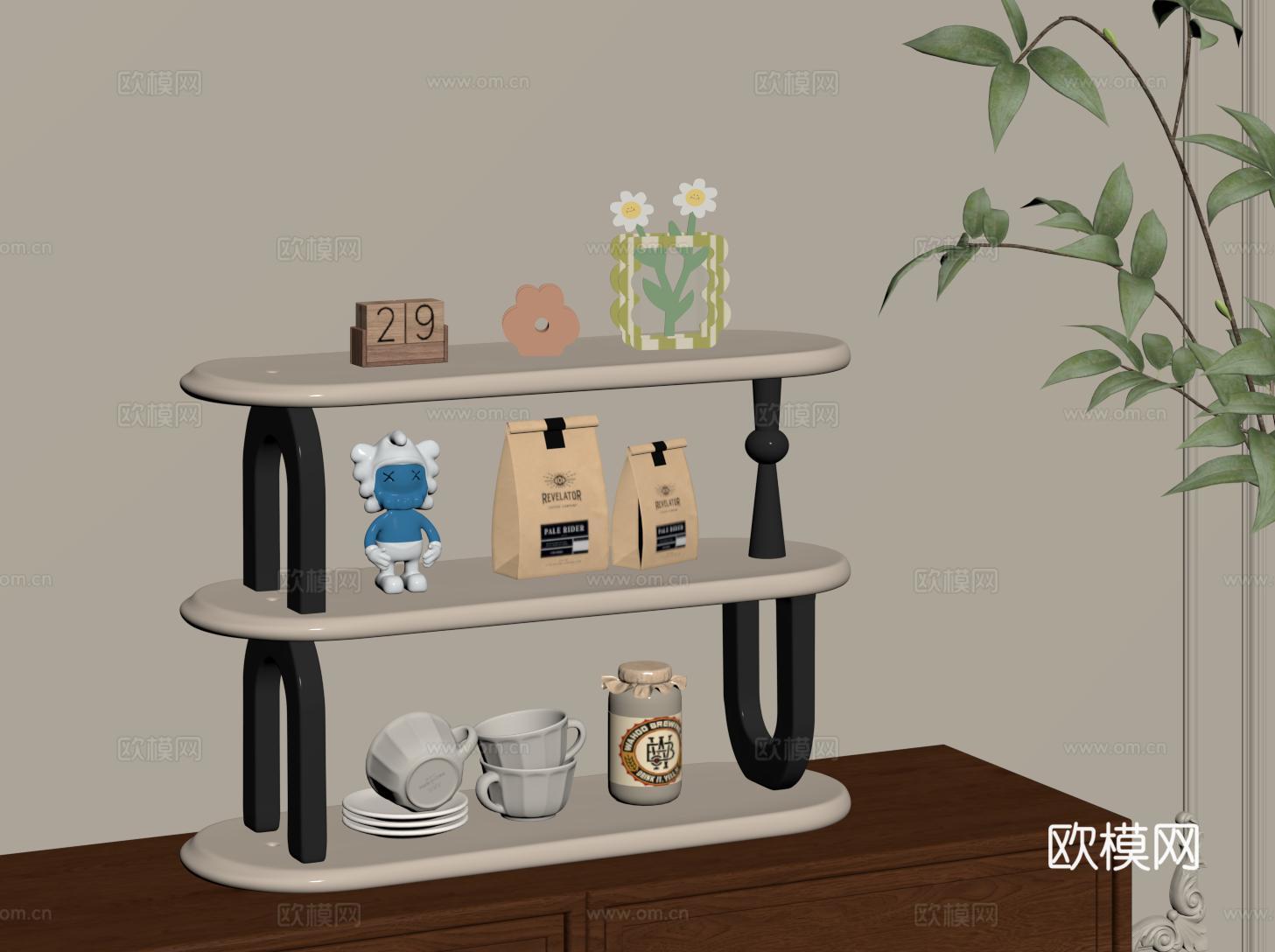 奶油风置物架 收纳架 装饰架 三层展示架 杯架su模型
