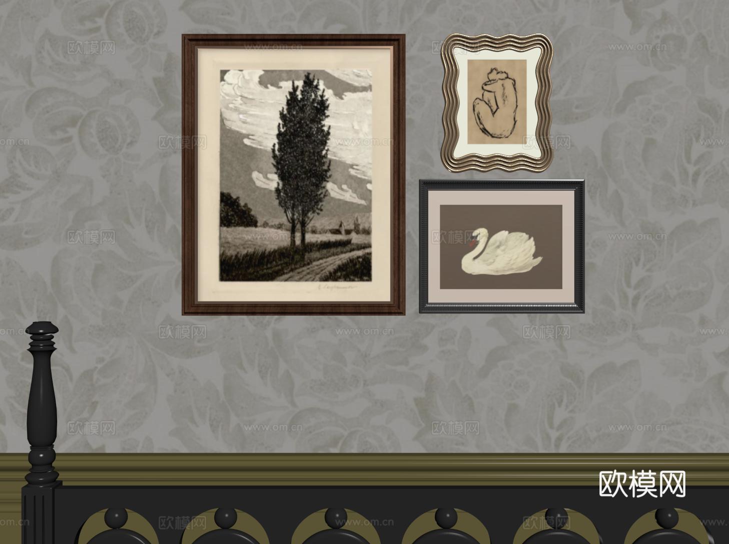 法式复古装饰画 挂画 植物画 动物画su模型