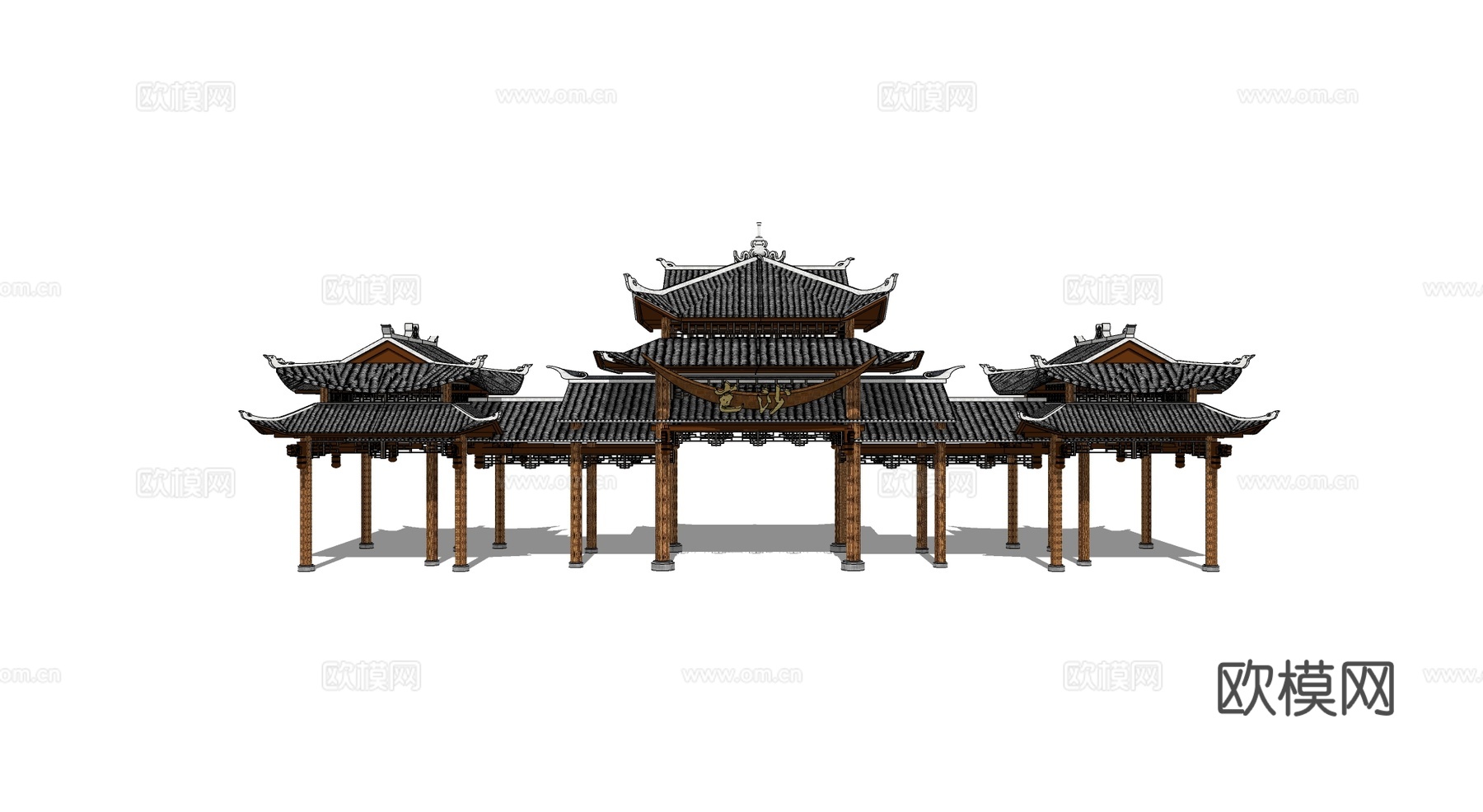 中式三间四柱三楼牌楼 木质结构su模型