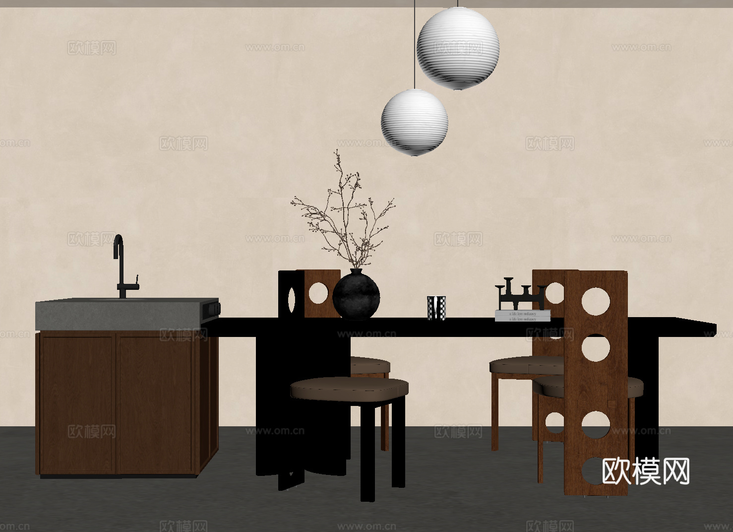 中古风岛台 餐桌椅su模型