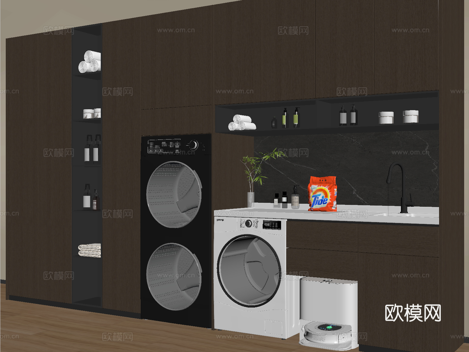 现代意式洗衣机柜 洗衣机 洗烘一体机 扫地机器人 卫浴小件su模型