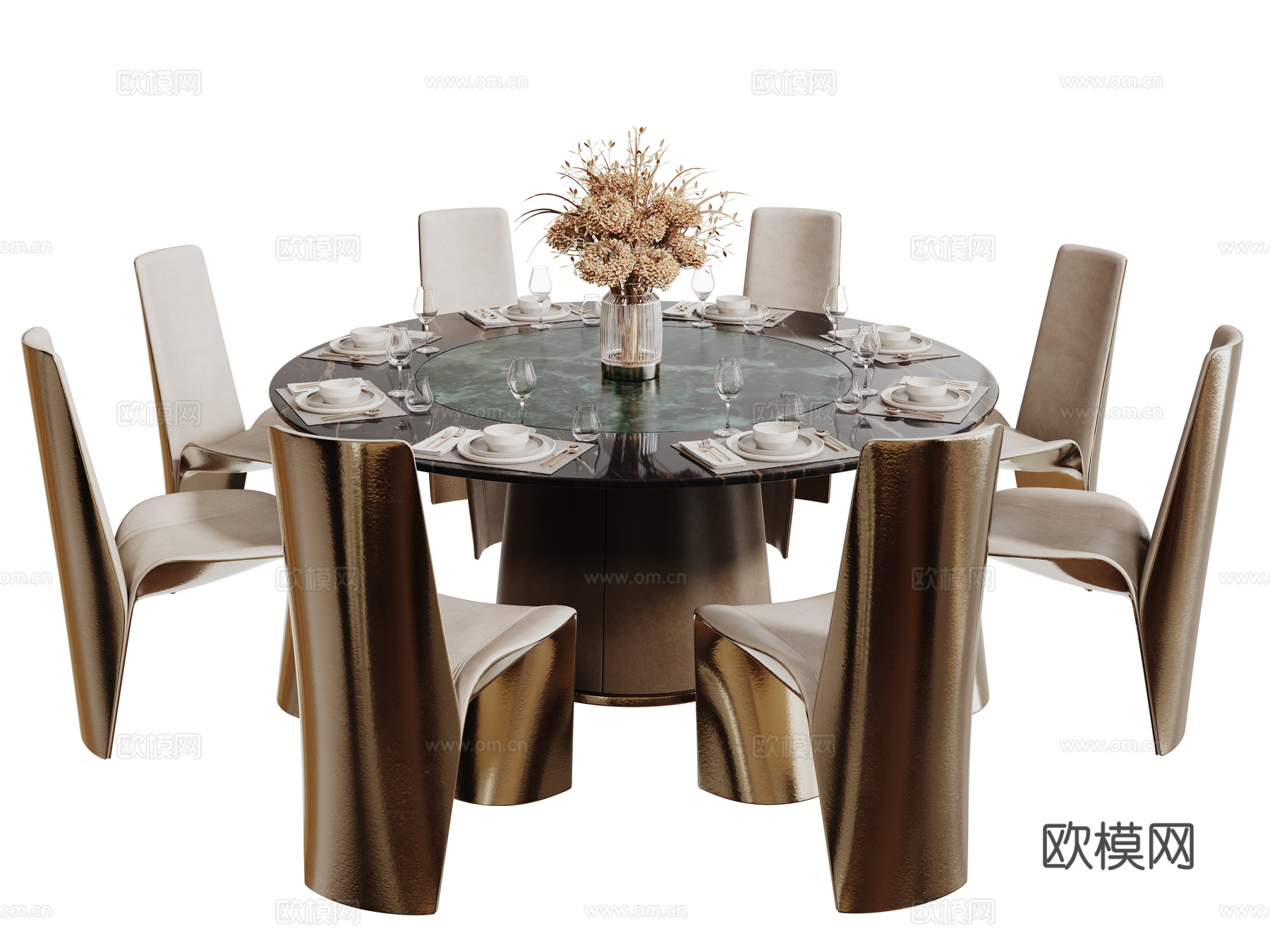 现代轻奢餐桌椅组合 会所餐桌椅 包间餐桌椅 酒店餐桌椅 圆桌su模型