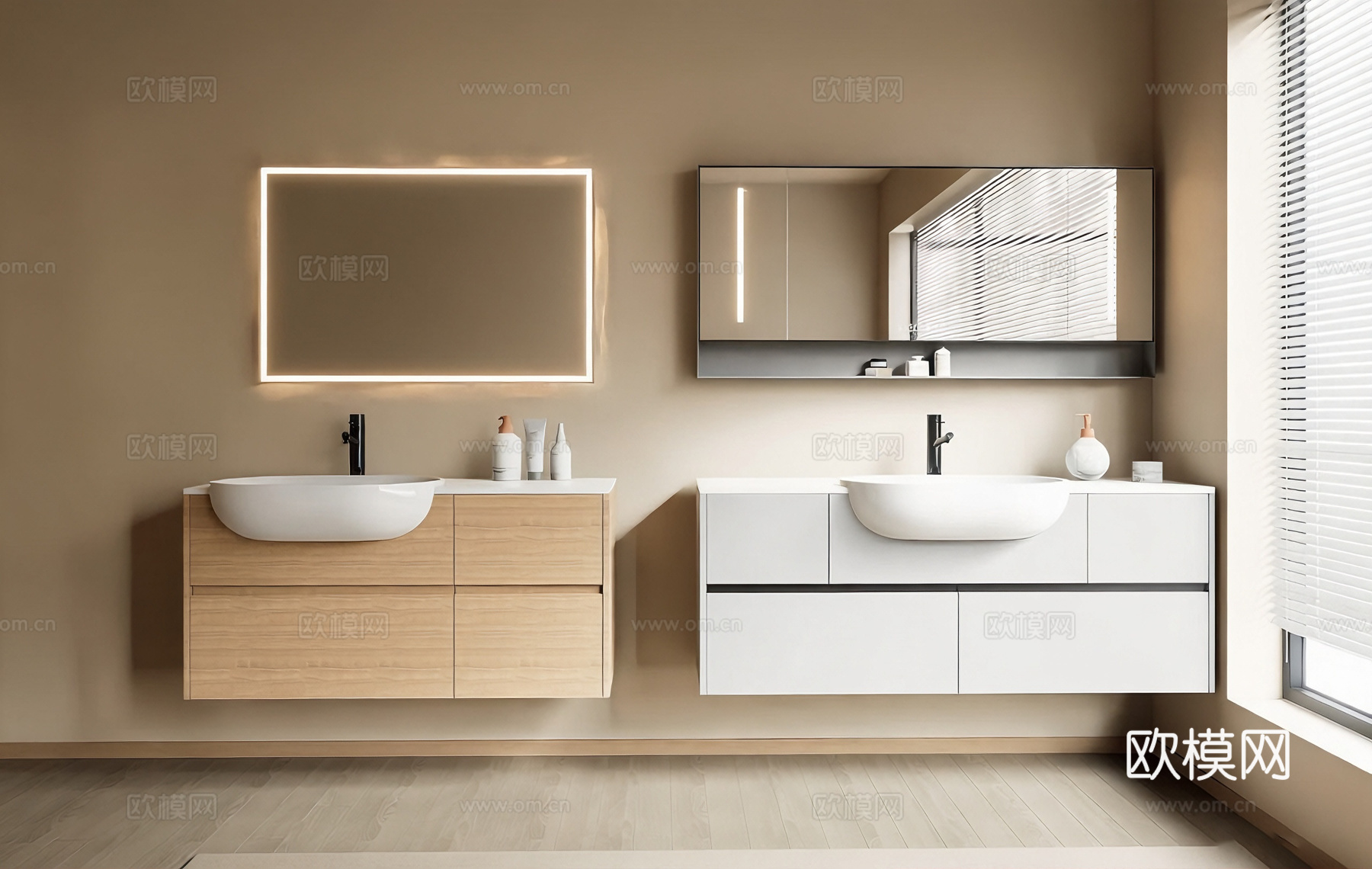 现代简约台盆浴室柜 壁挂式 岩板盆 发光镜su模型