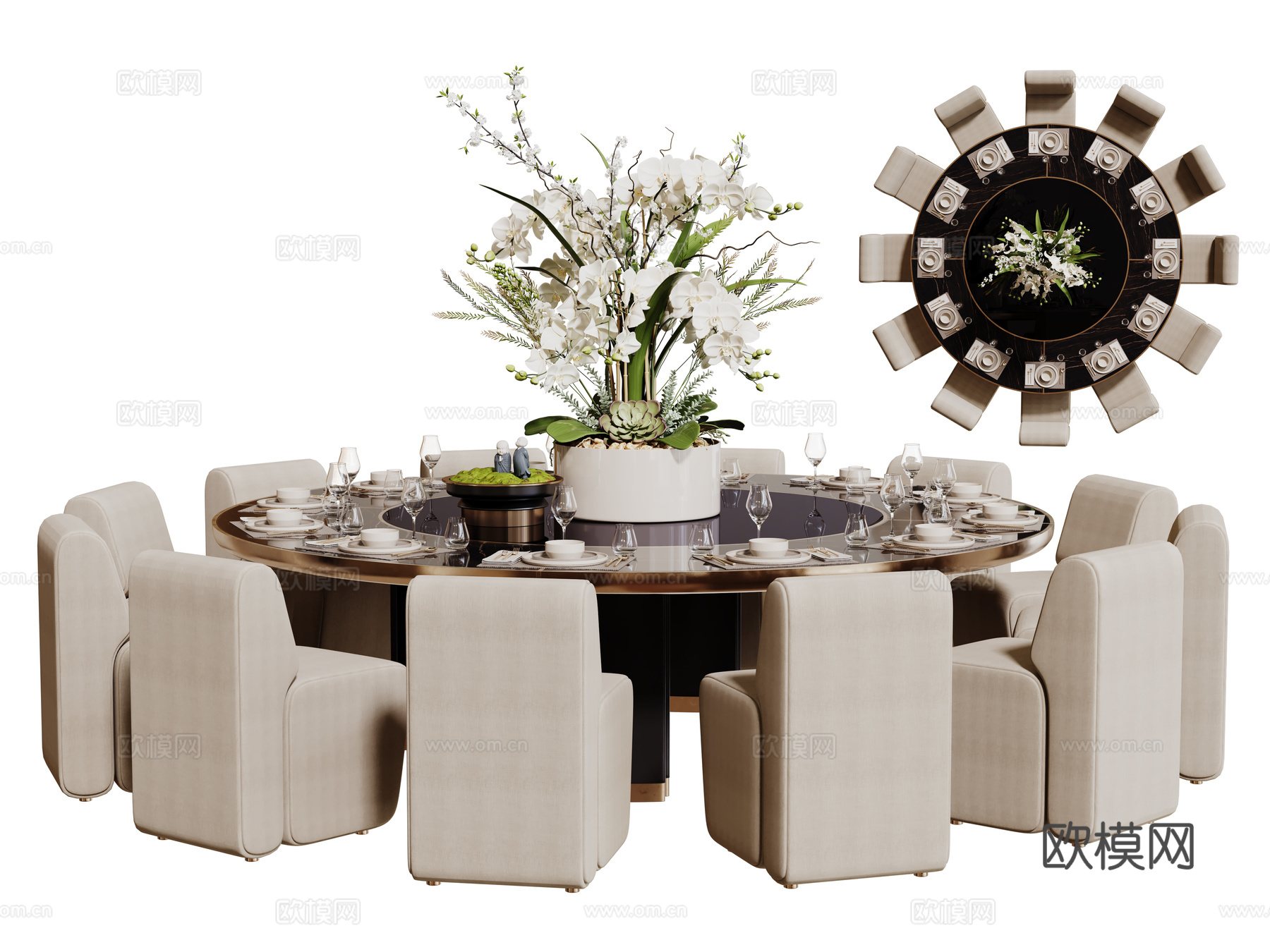 现代轻奢餐桌椅组合 会所餐桌椅 包间餐桌椅 酒店餐桌椅 圆桌su模型