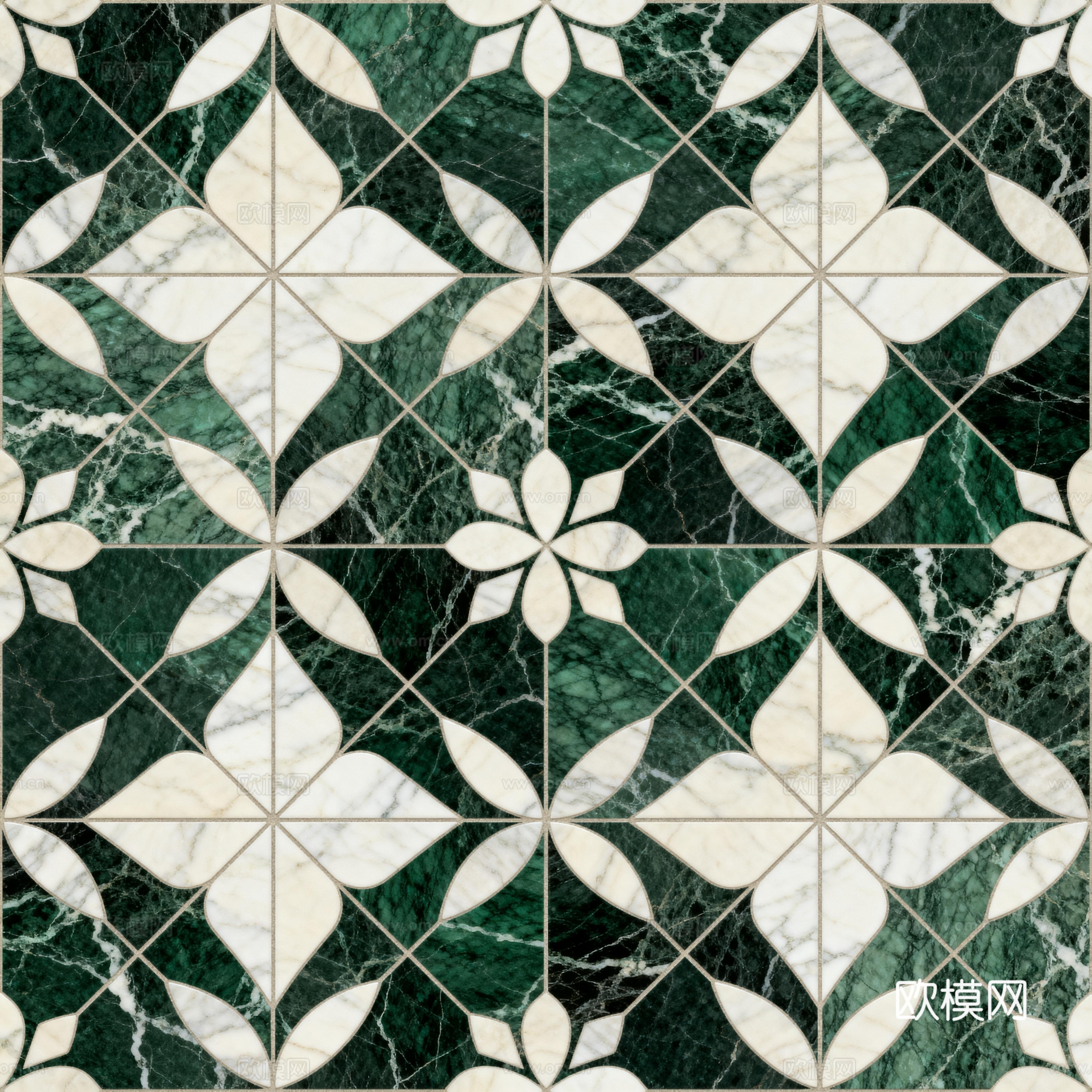 绿白色石材拼花 花卉图案水切刀拼花石材 绿色石材拼花马赛克
