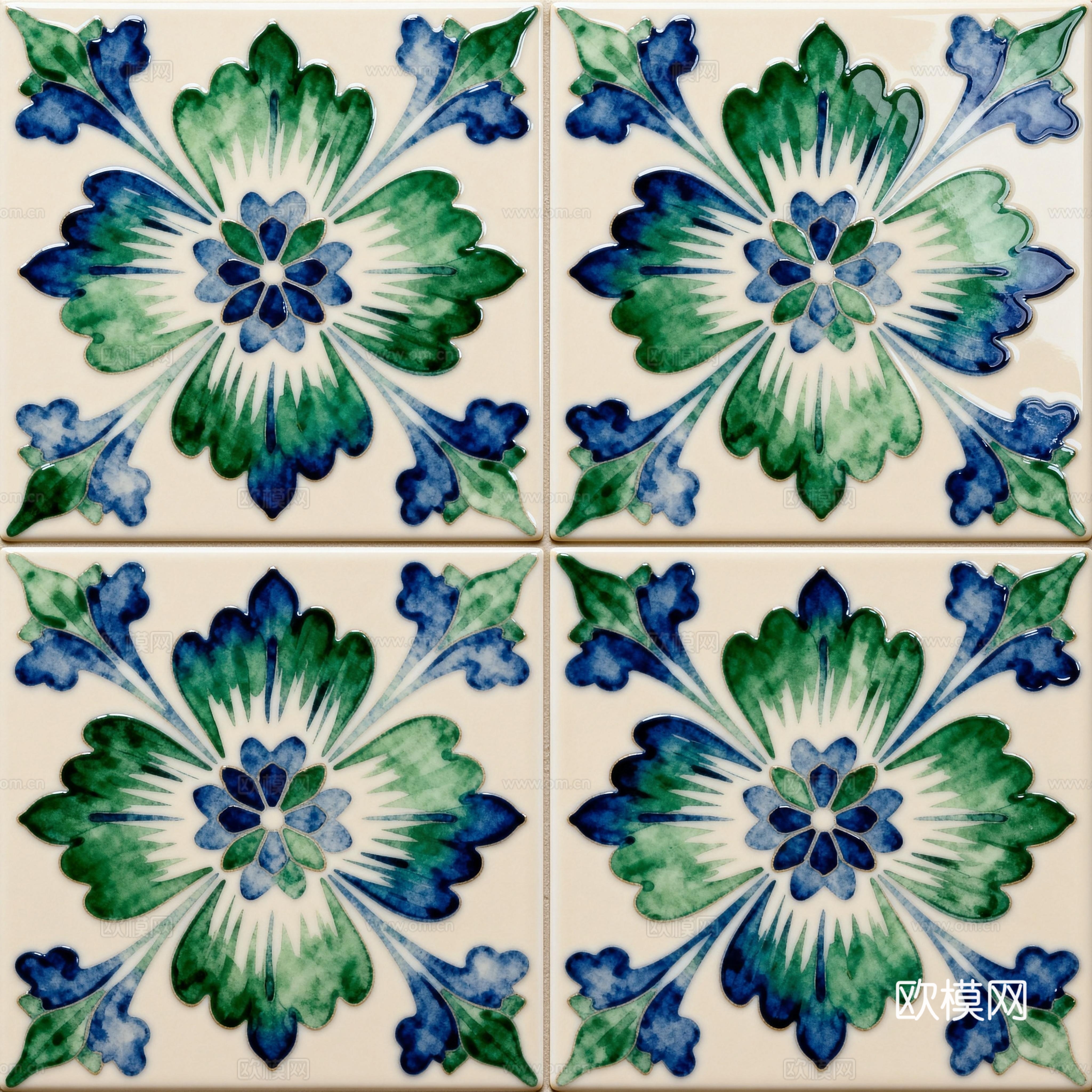 田园风 蓝绿色花砖 绿色手绘艺术花砖 工艺砖 花纹图案花砖