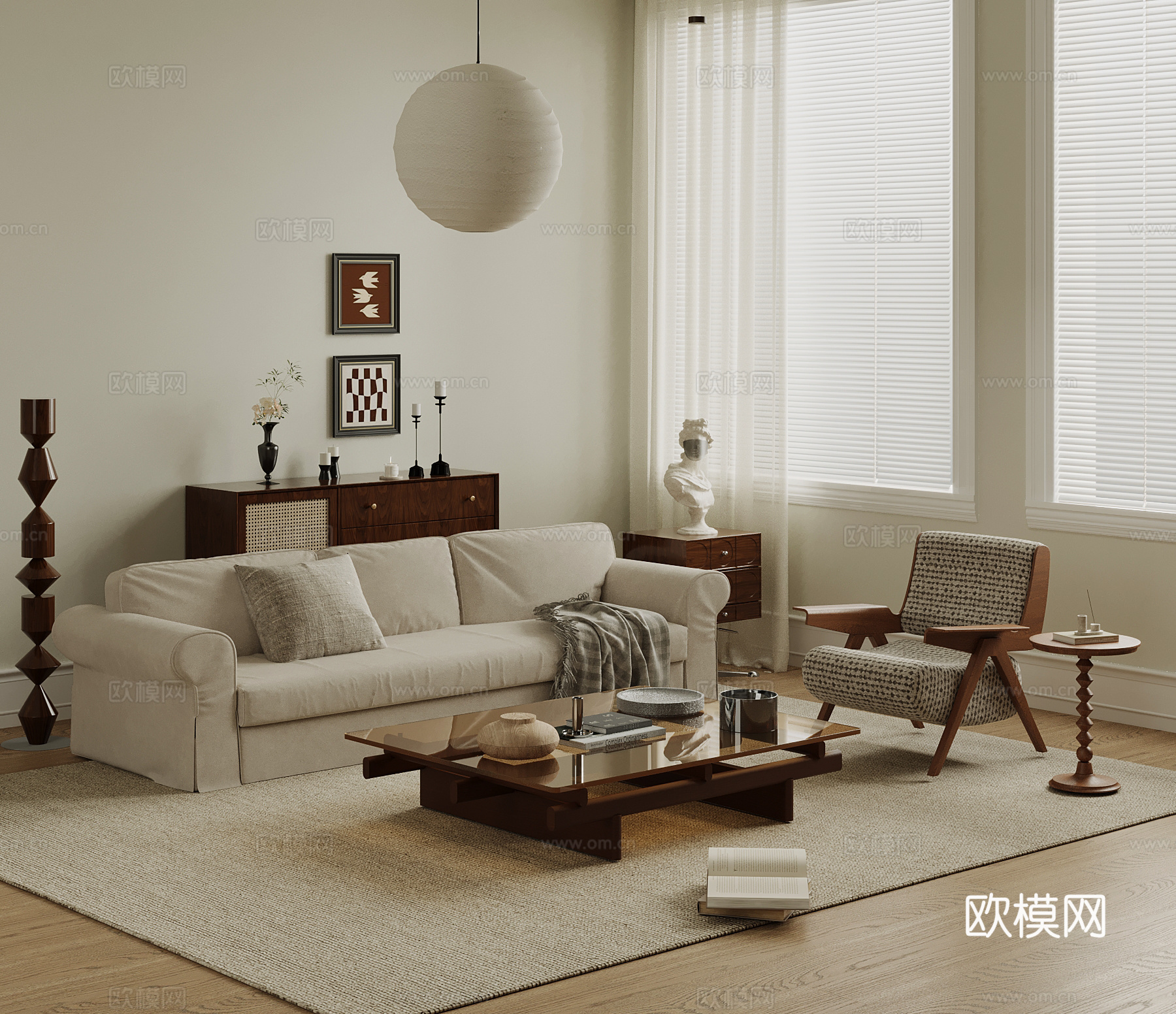 中古风客厅 沙发茶几组合 休闲椅 边柜su模型