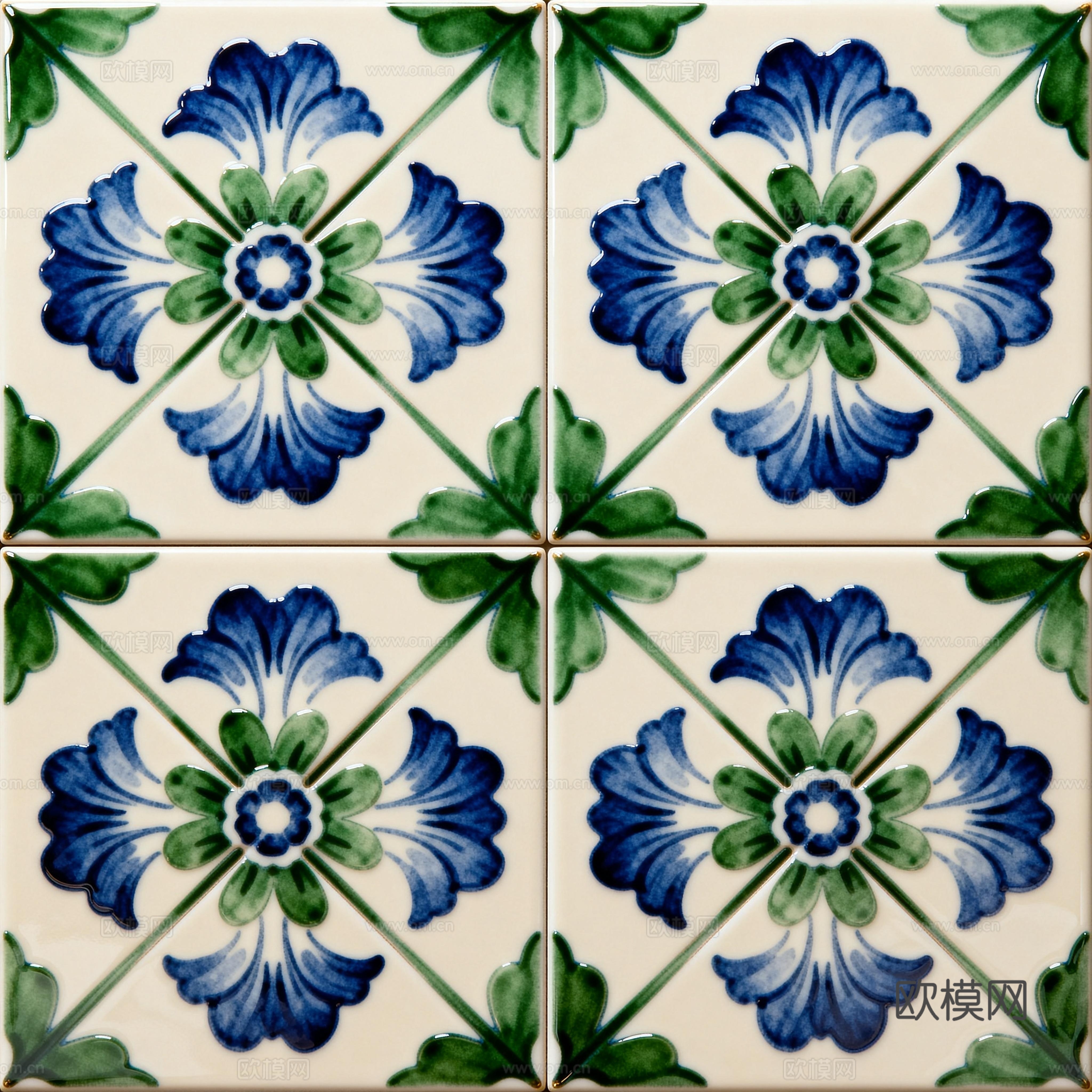 田园风 蓝绿色花砖 绿色手绘艺术花砖 工艺砖 花纹图案花砖