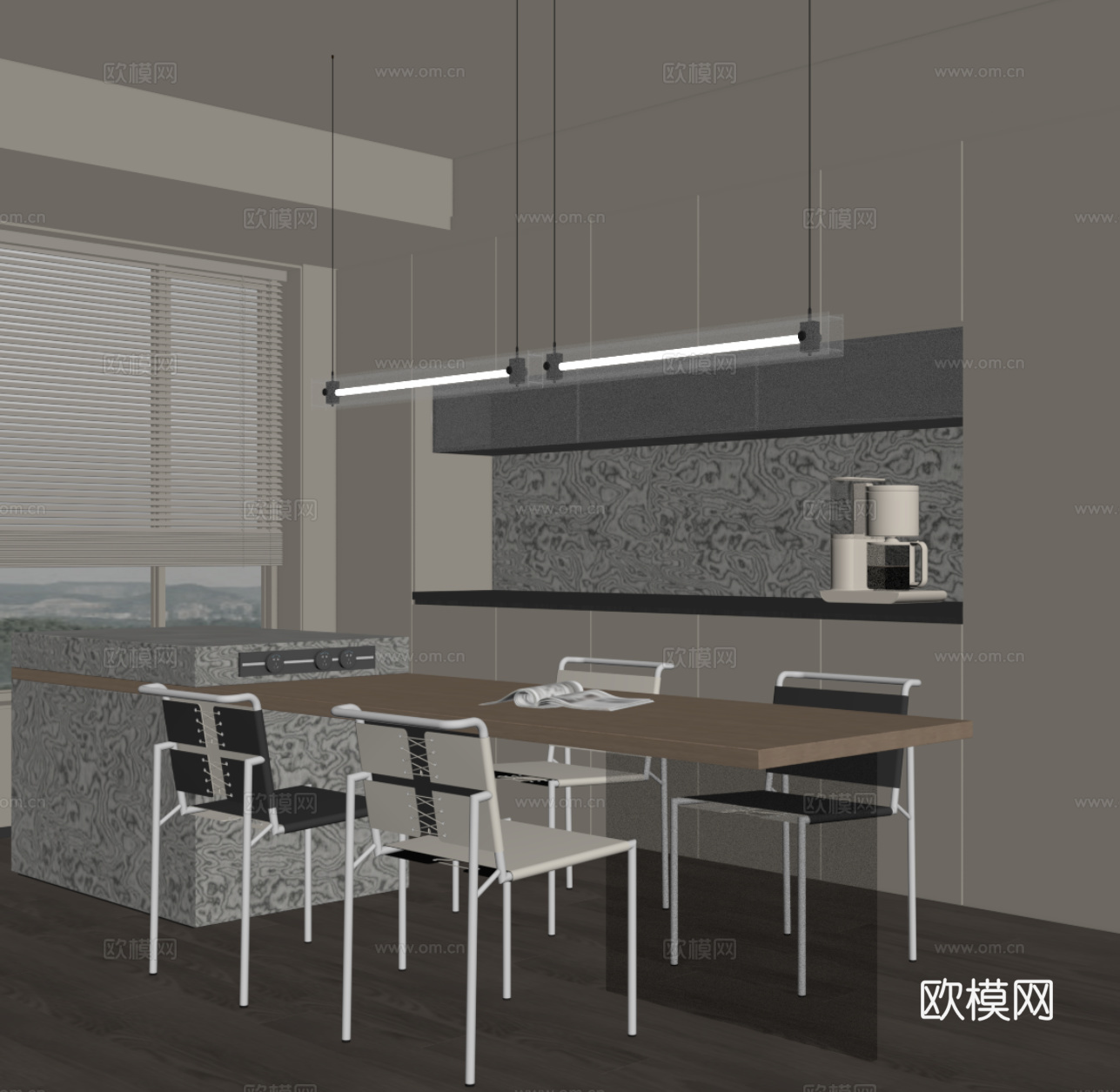 现代餐厅 餐桌椅 岛台su模型