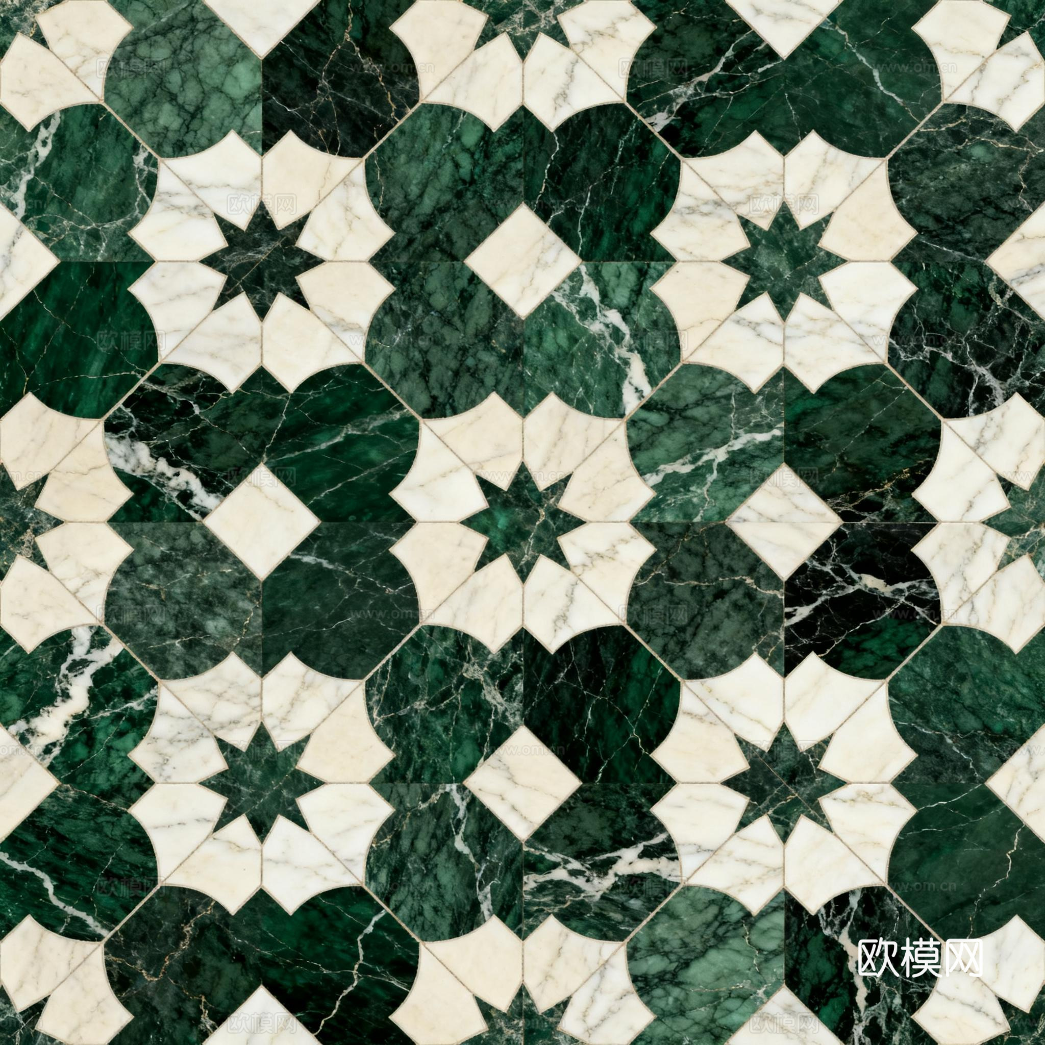 轻奢绿白色石材拼花 花卉水切刀拼花石材 绿色石材拼花马赛克