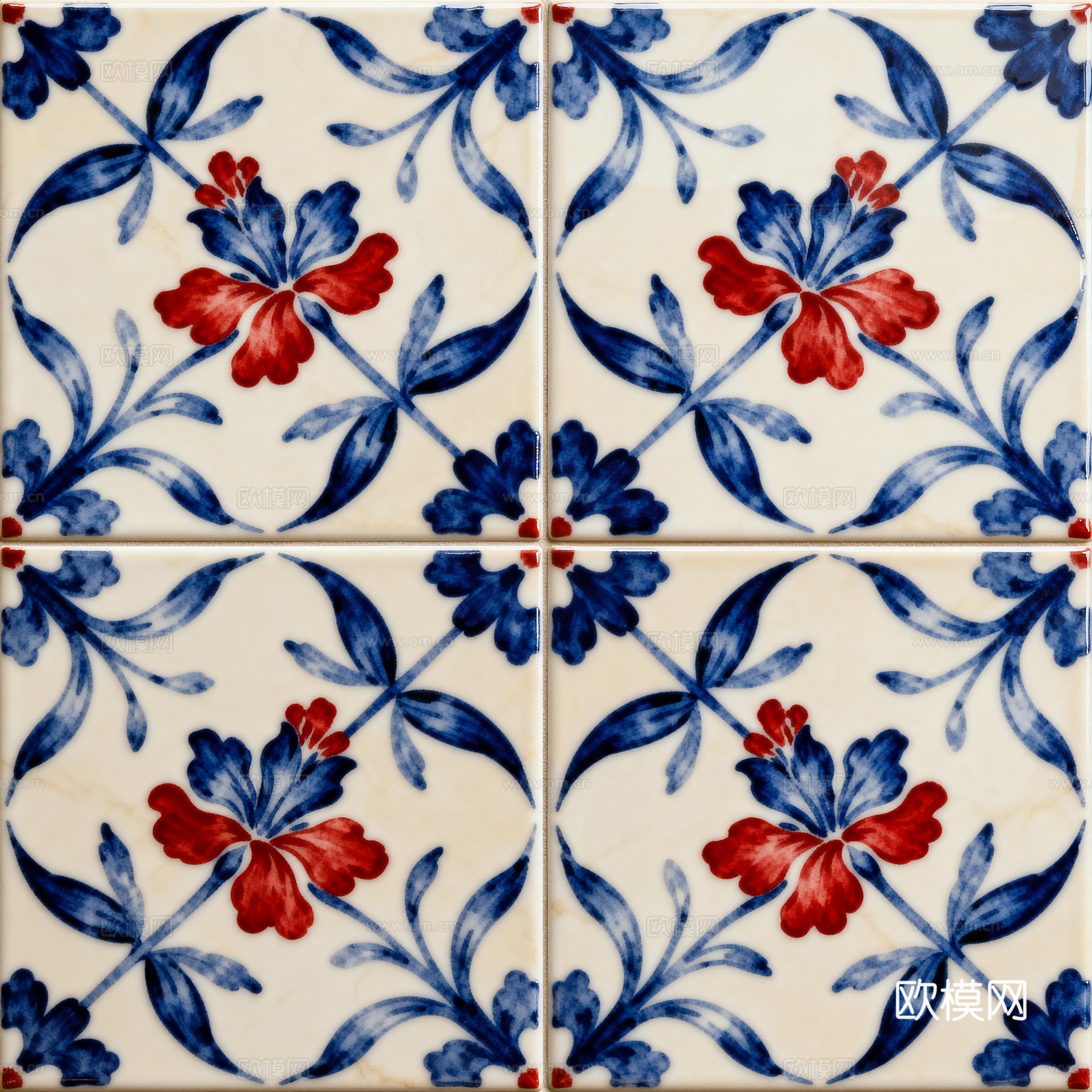 诧寂风工业风蓝红白色花砖 花卉图案手工瓷砖