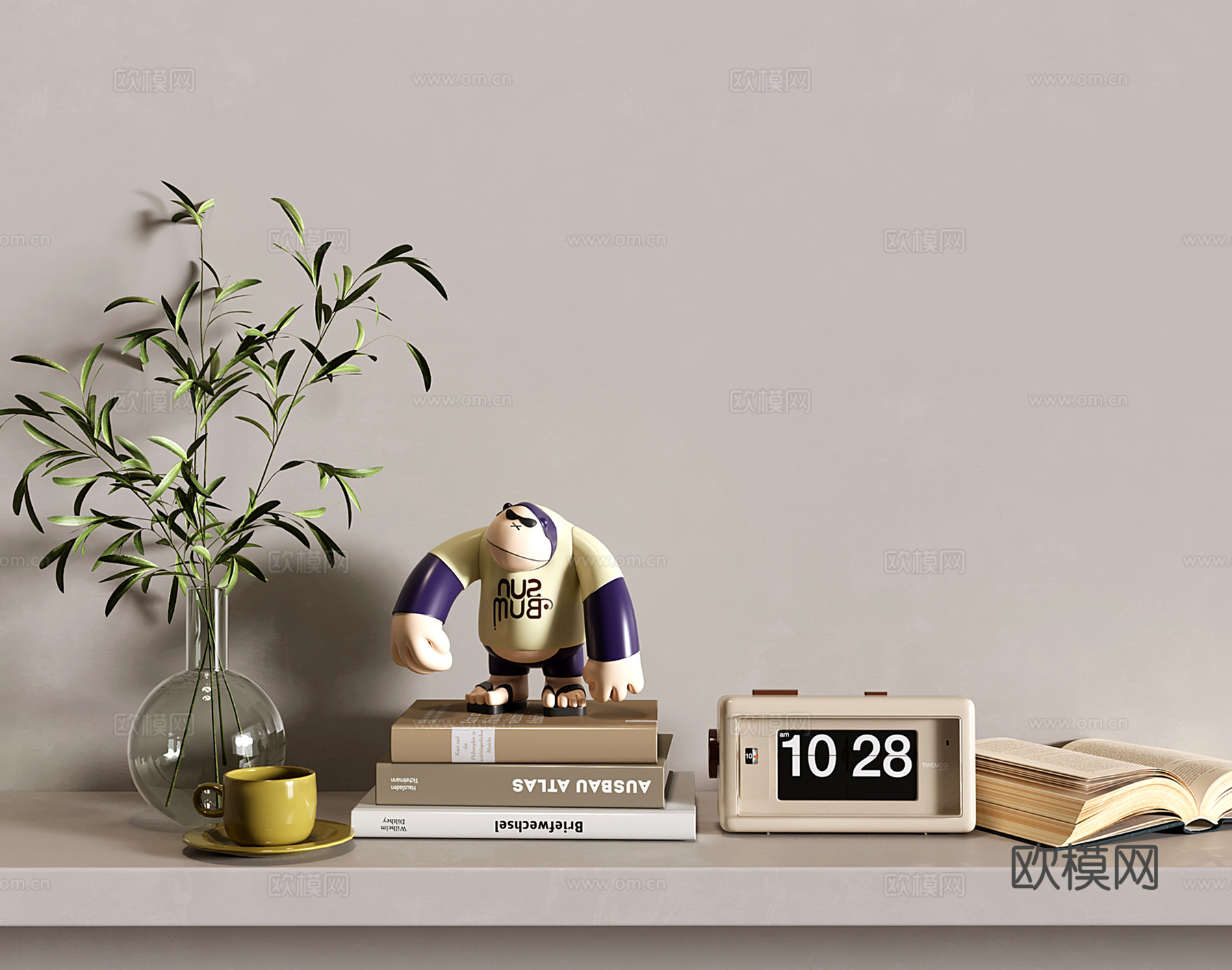 现代饰品摆件 书籍 花艺 数字钟表 大猩猩玩偶雕塑su模型