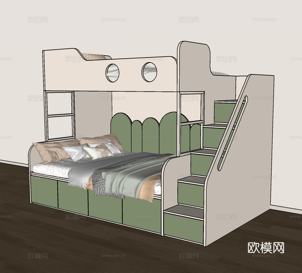 现代儿童房上下床 男孩房上下床 女孩房上下床 全屋定制上下床su模型