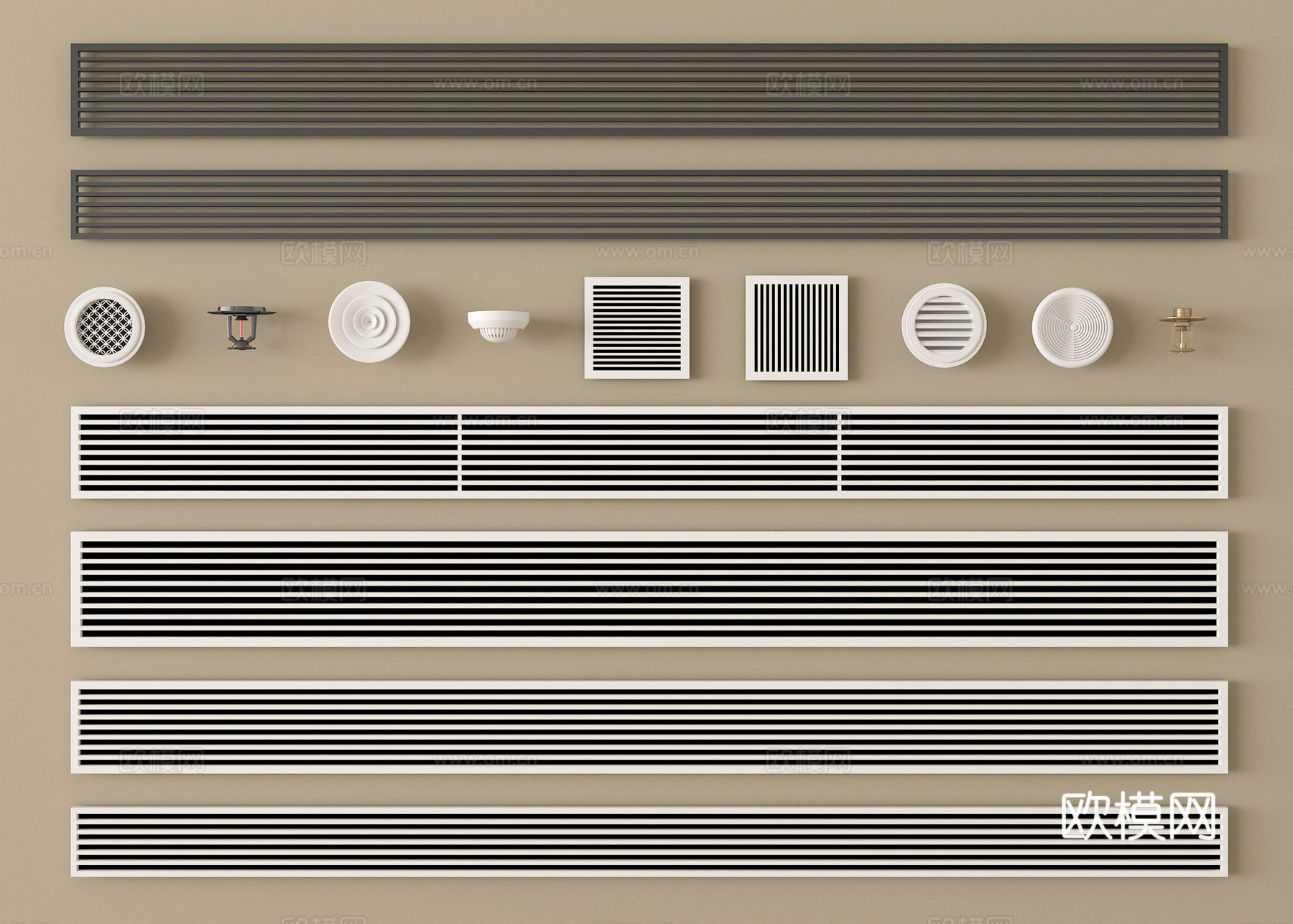 现代中央空调出风口  空调出风口 格栅球型风口 烟感喷淋头su模型