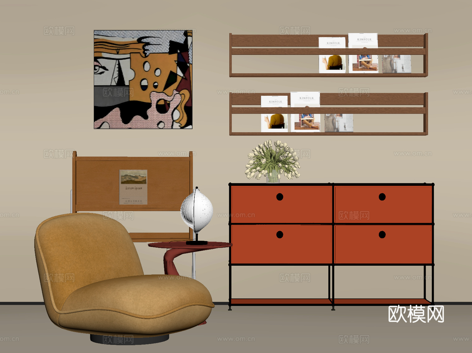 中古风边柜 书架 休闲椅 装饰画su模型