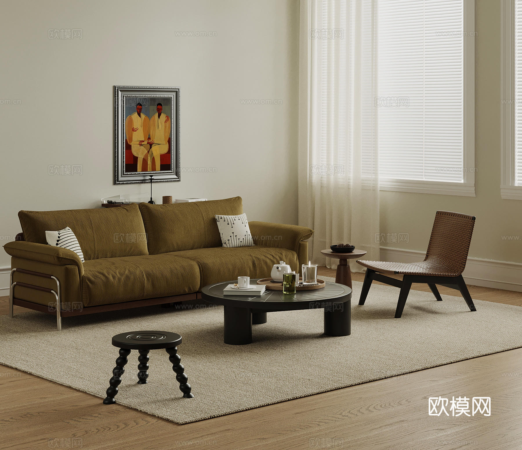 中古风沙发茶几组合su模型