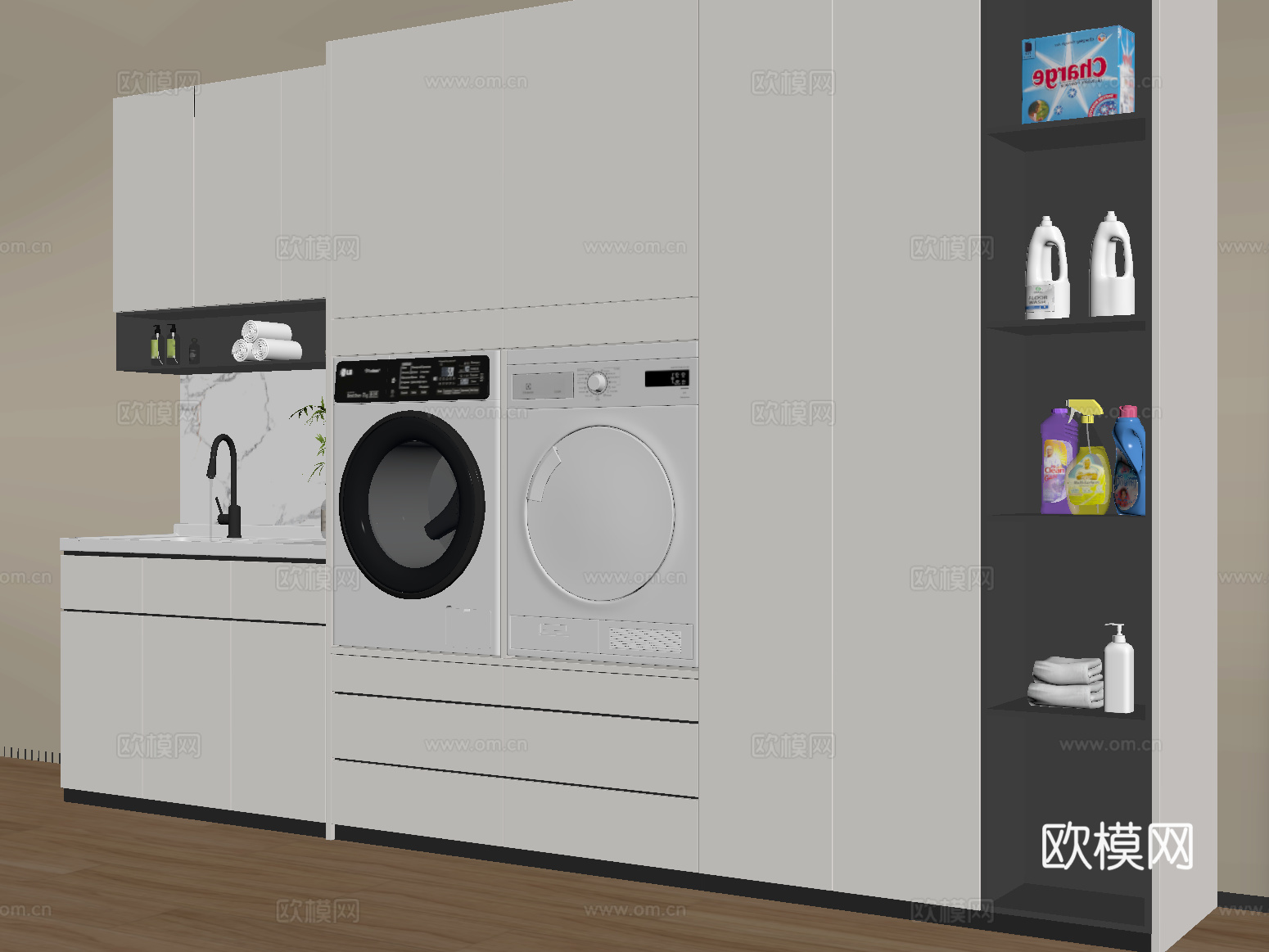 现代洗衣机柜 洗衣机 烘干机  卫浴小件su模型