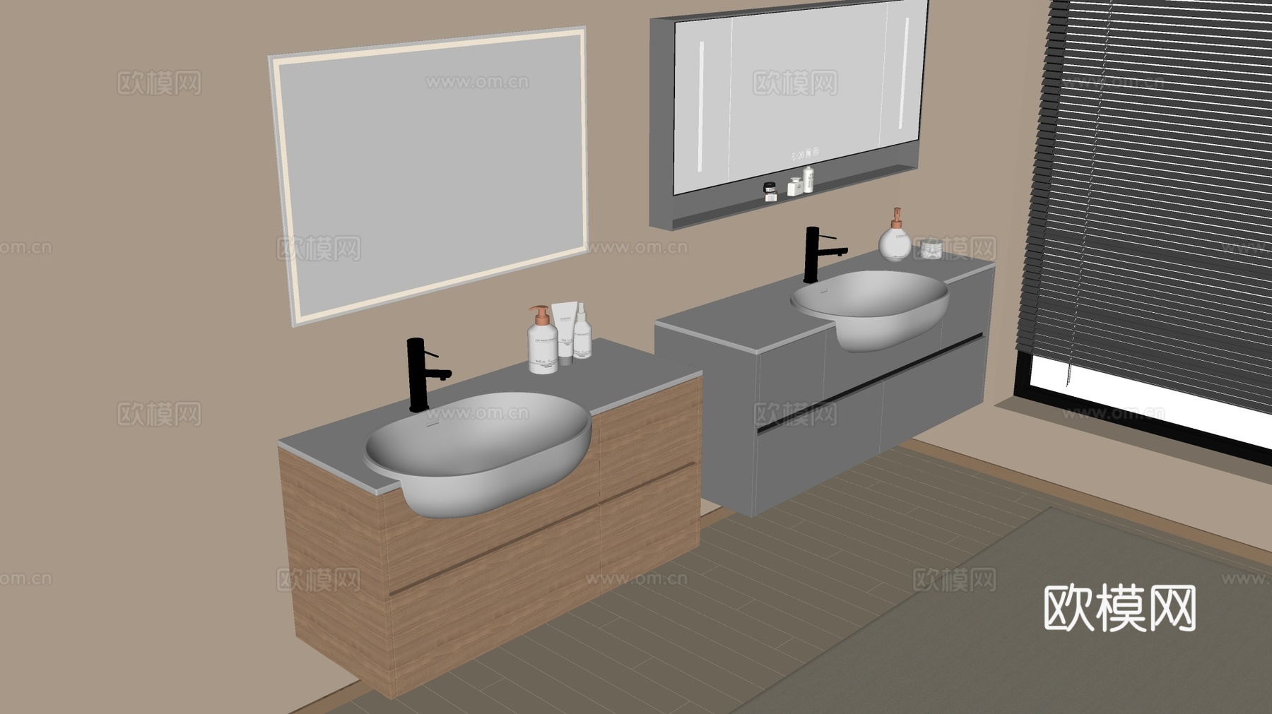 现代简约台盆浴室柜 壁挂式 岩板盆 发光镜su模型