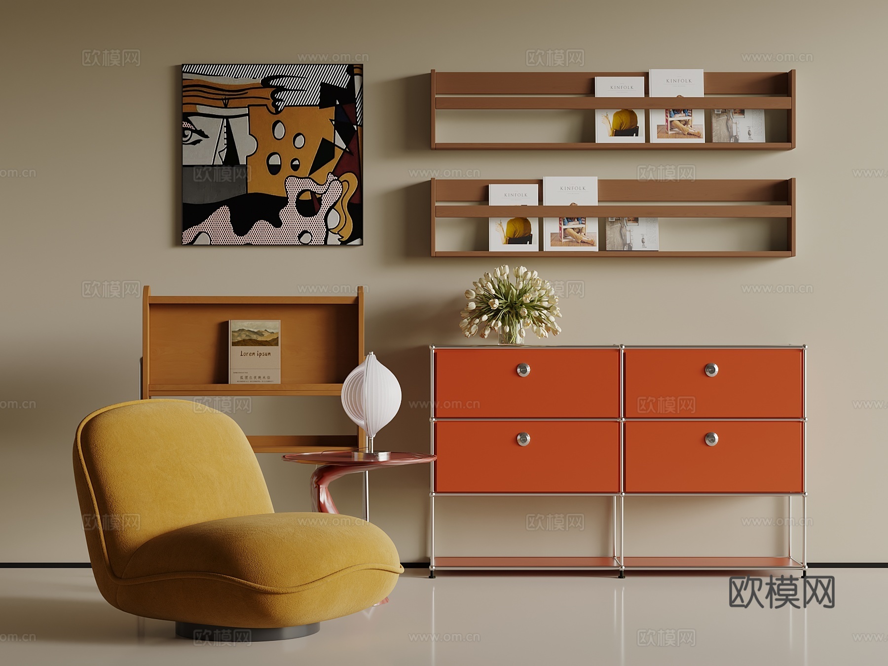 中古风边柜 书架 休闲椅 装饰画su模型