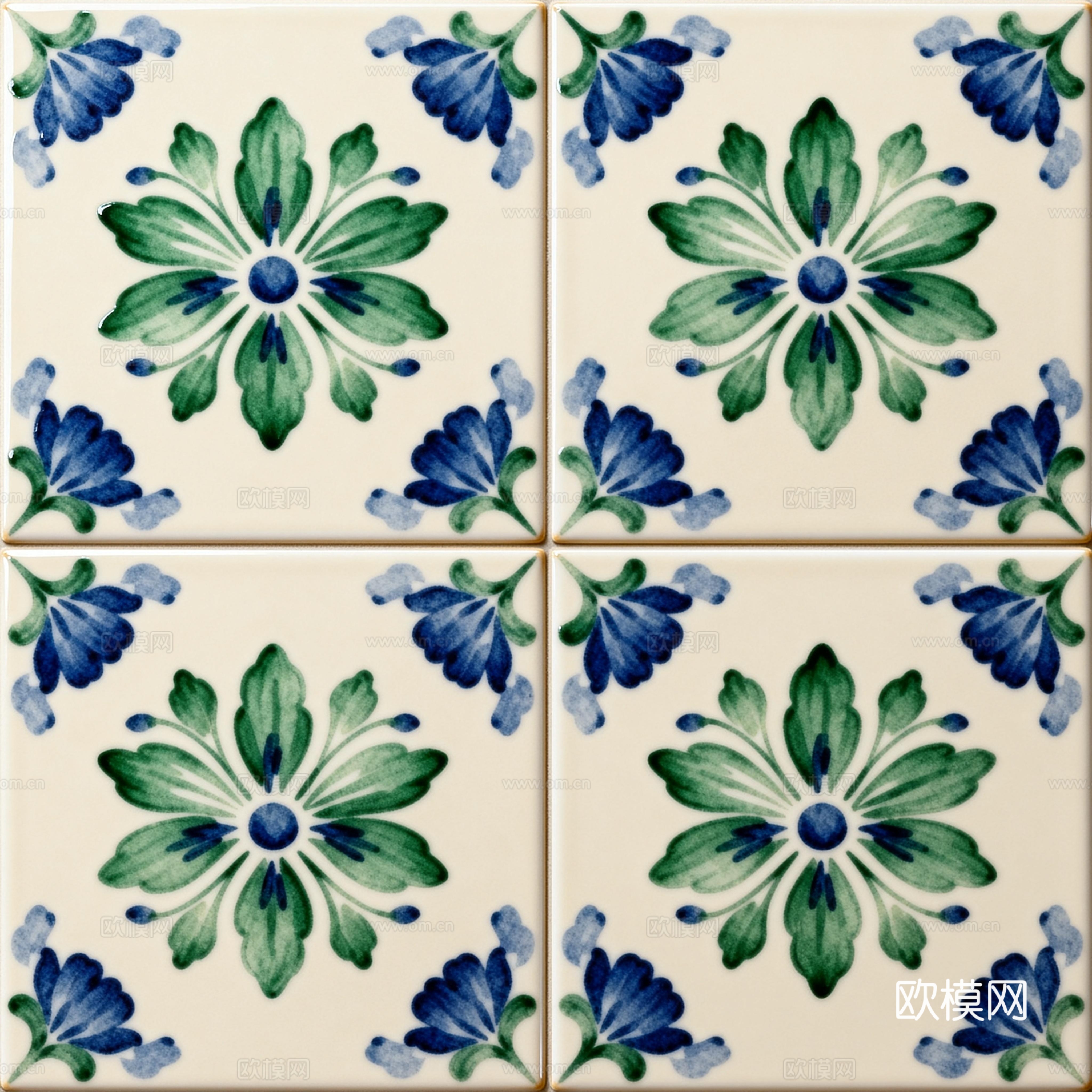田园风 蓝绿色花砖 绿色手绘艺术花砖 工艺砖 花纹图案花砖