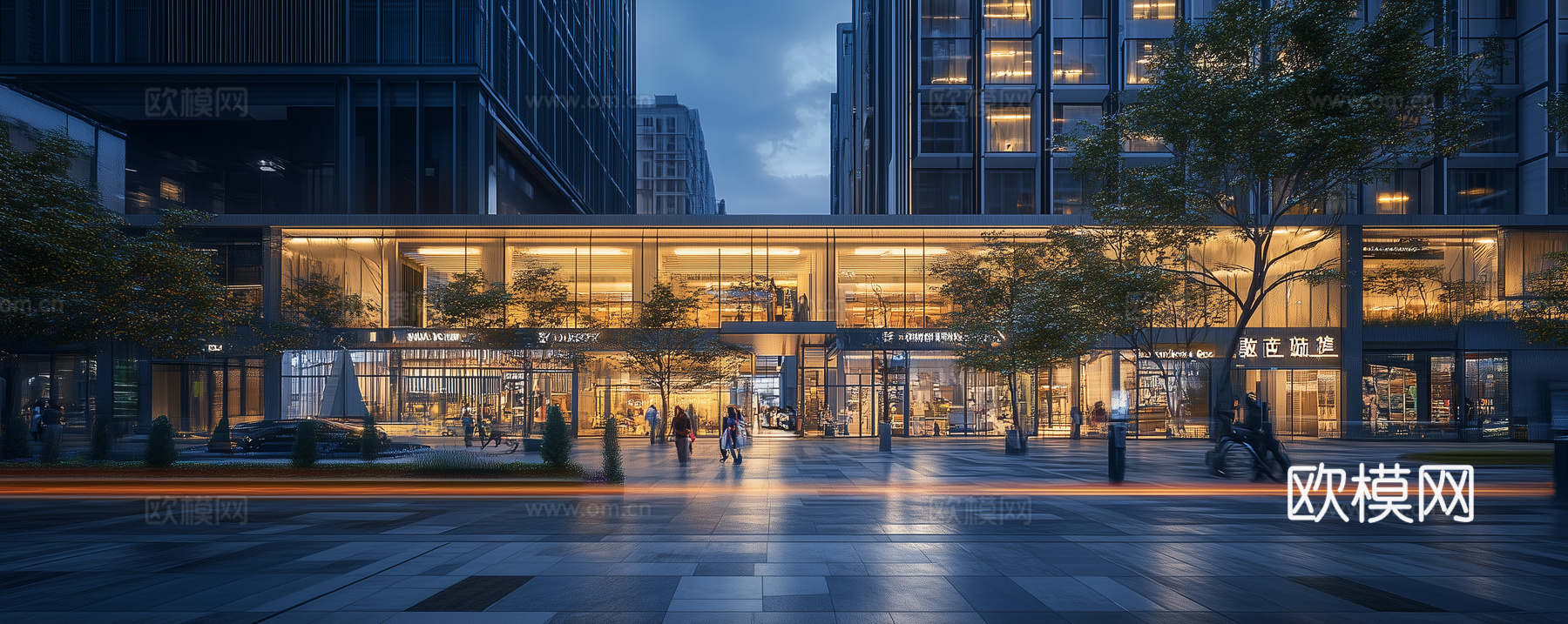 街道外景_现代城市街道夜景_人行道_商业街外景_道路
