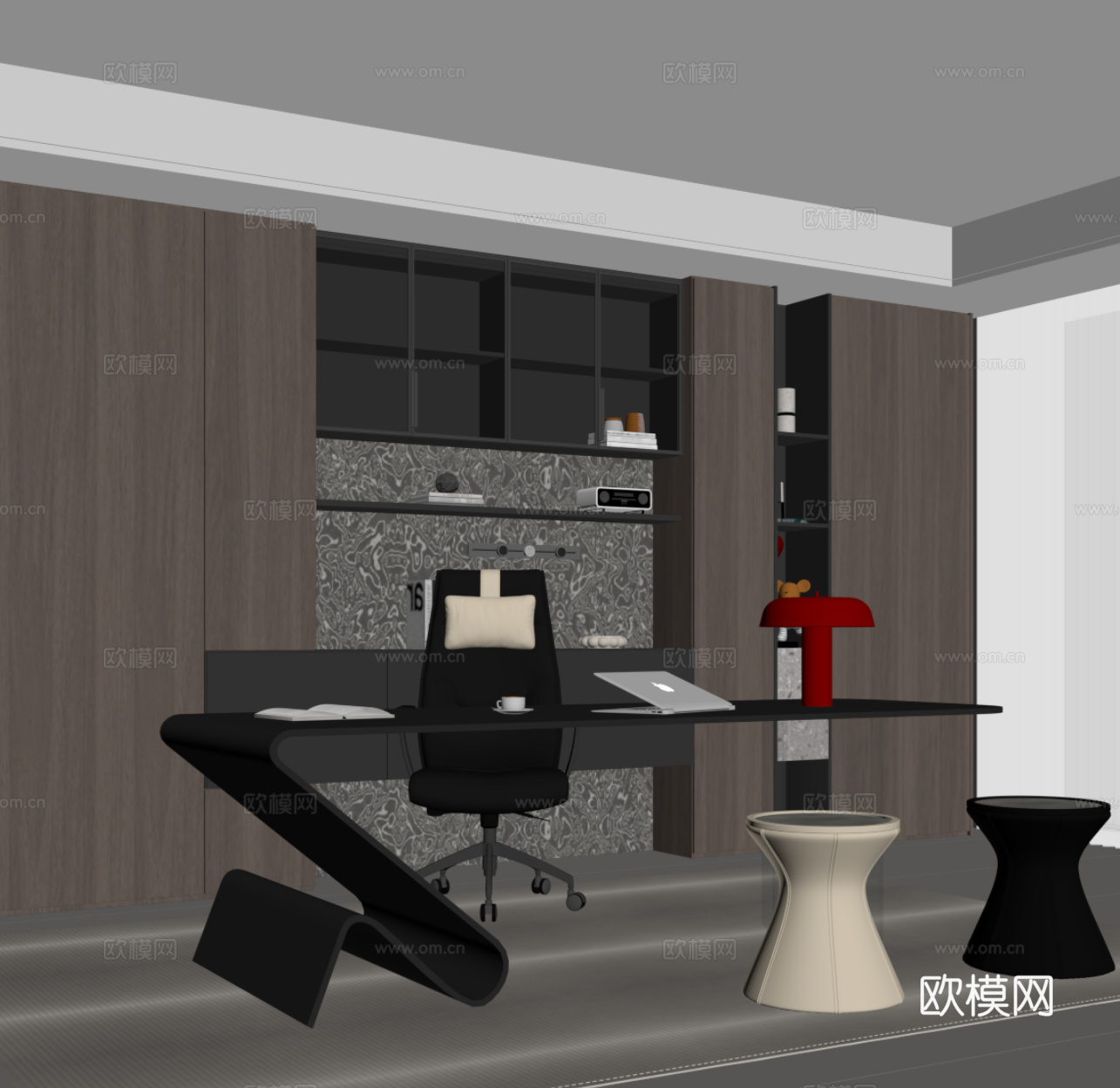 现代书柜 书桌椅 书柜su模型