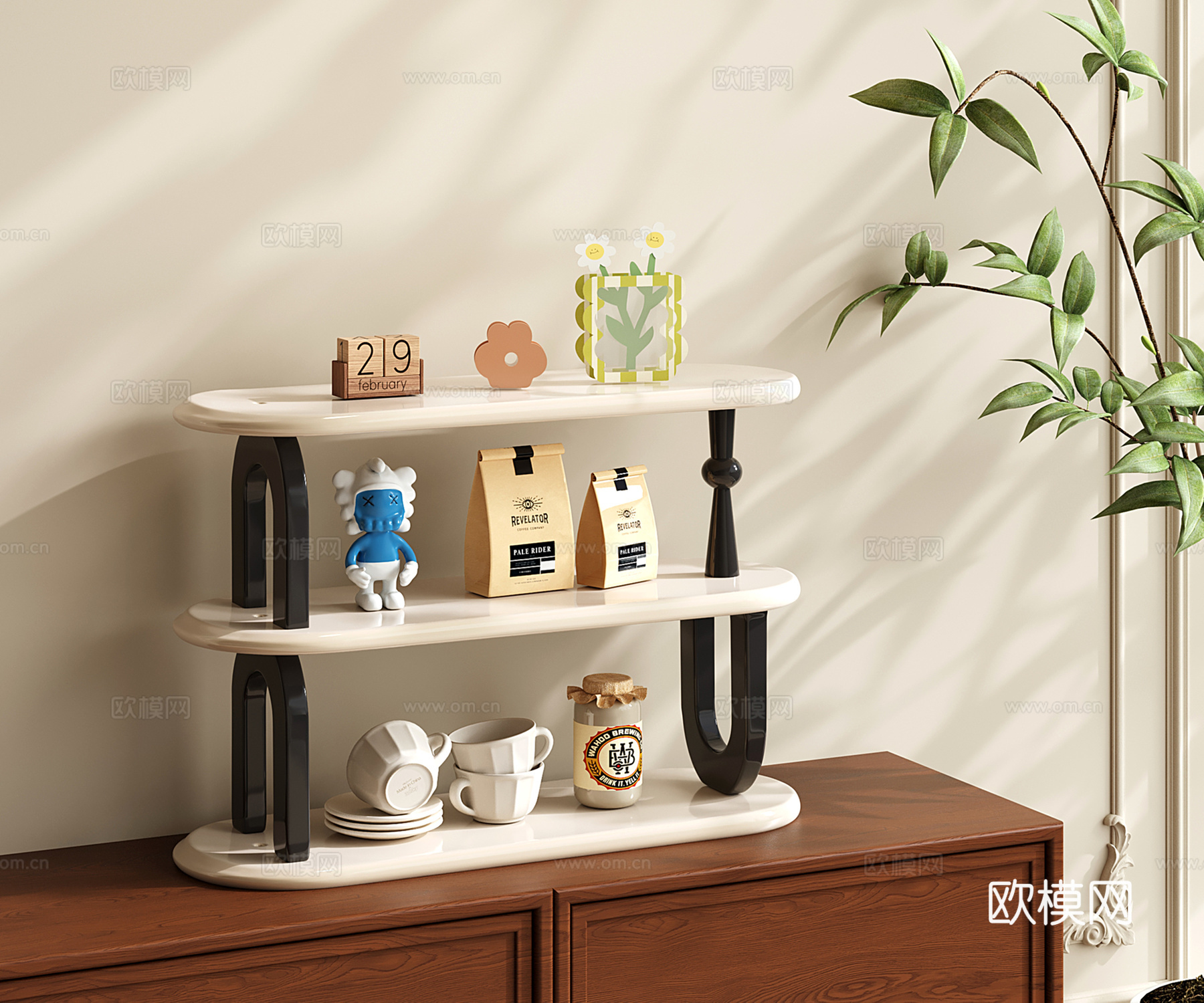 奶油风置物架 收纳架 装饰架 三层展示架 杯架su模型