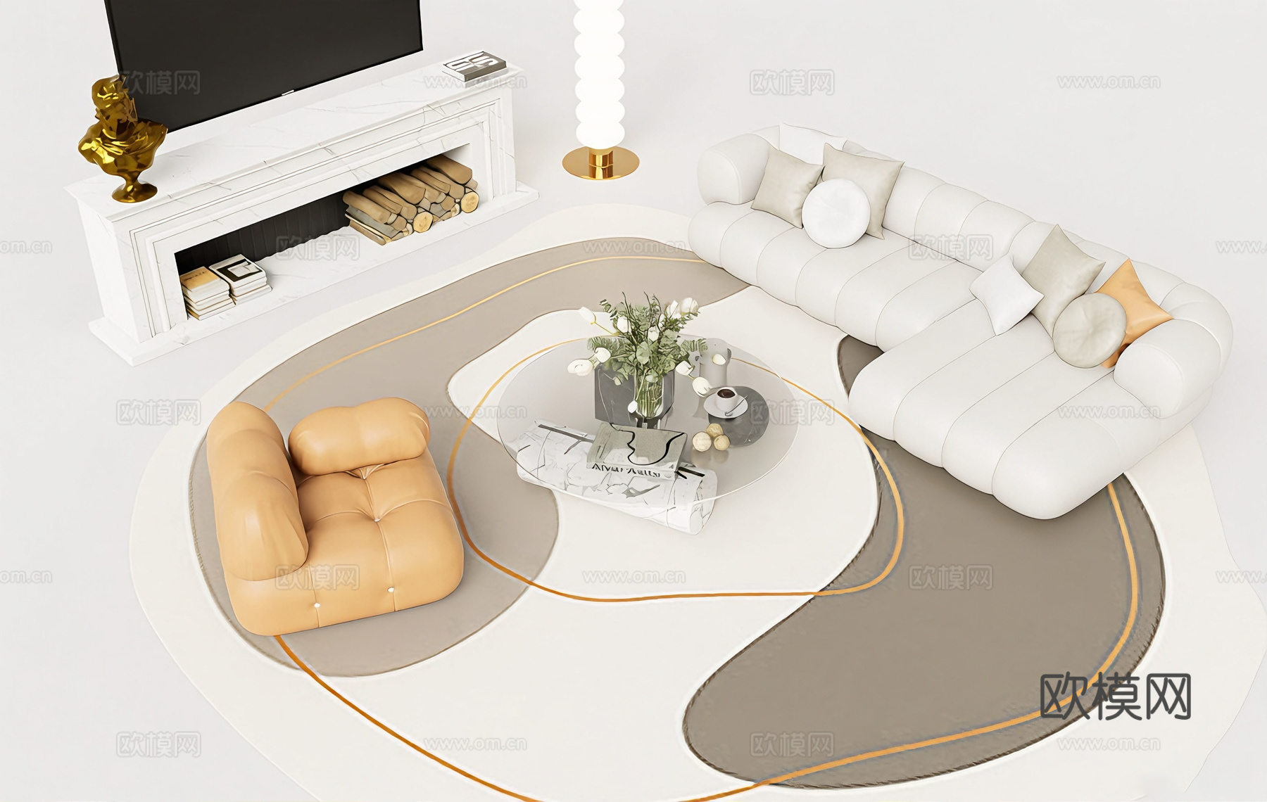 现代简约客厅家具 L型沙发 圆形茶几 壁炉su模型