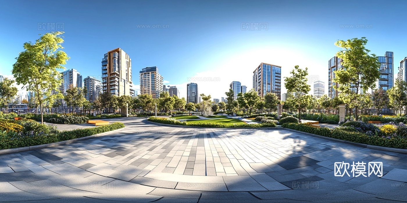 现代小区_街景绿化步道全景