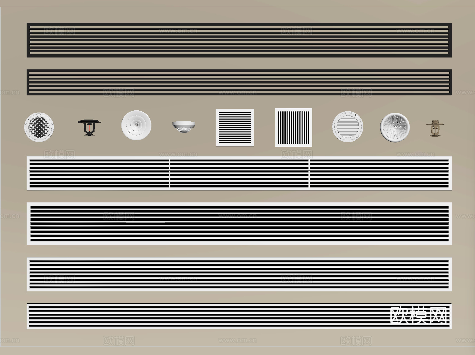 现代中央空调出风口  空调出风口 格栅球型风口 烟感喷淋头su模型