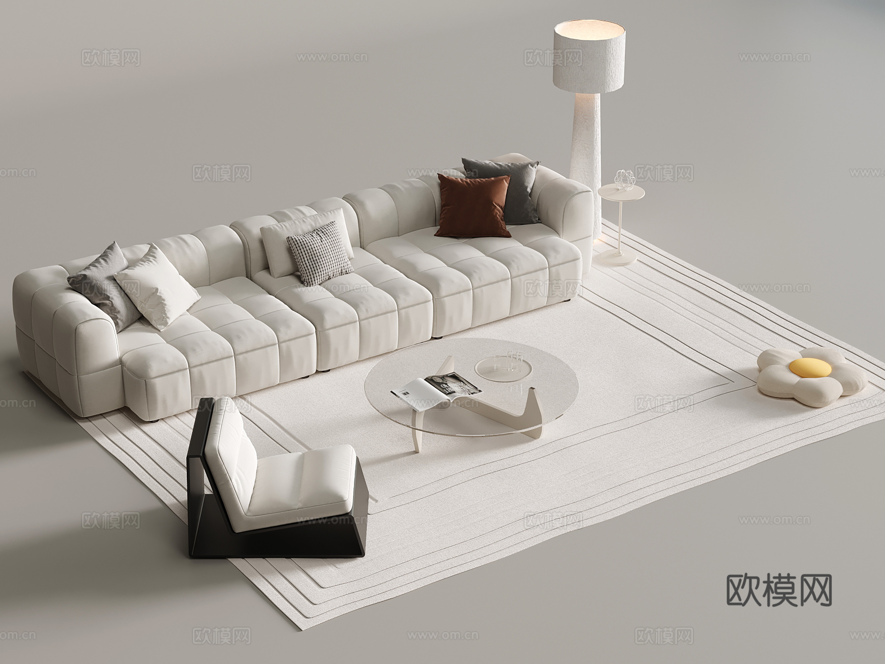 现代奶油风沙发 沙发茶几组合su模型