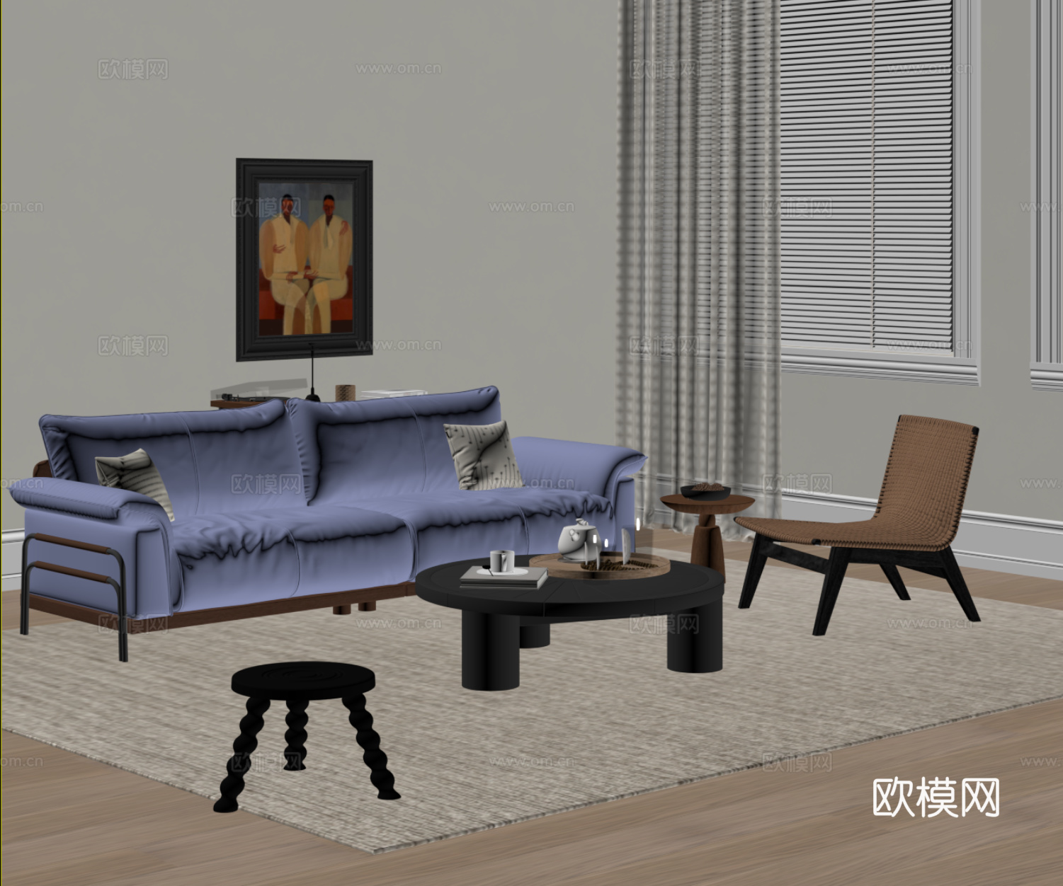 中古风沙发茶几组合su模型