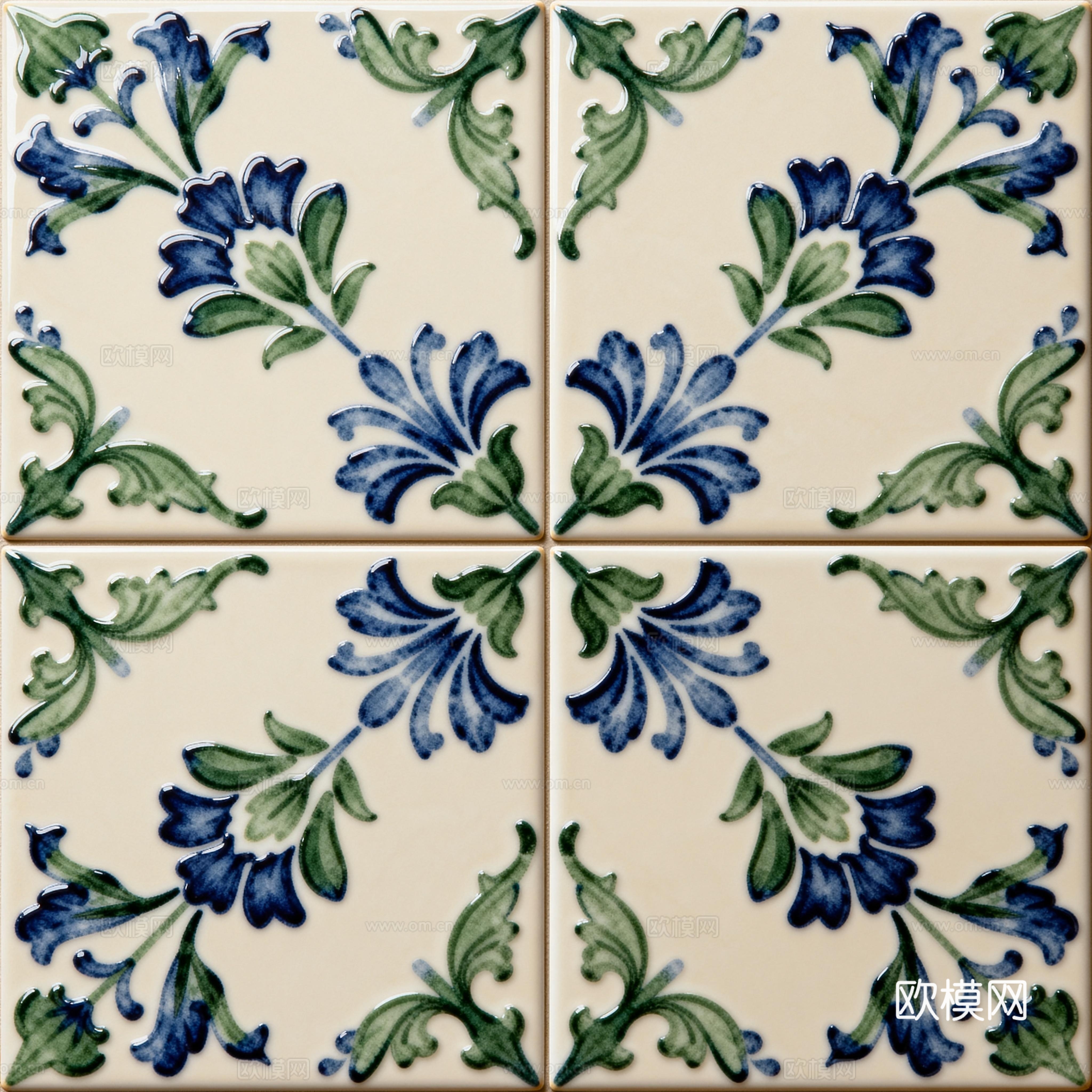 田园风 蓝绿色花砖 绿色手绘艺术花砖 工艺砖 花纹图案花砖
