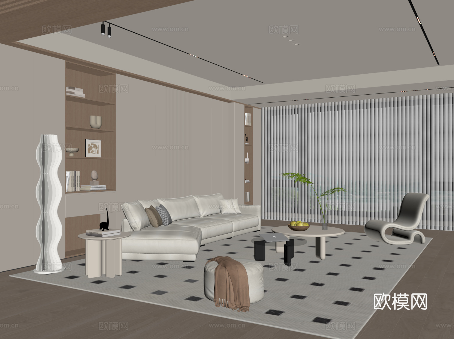 奶油风客厅 沙发茶几组合 背景墙su模型