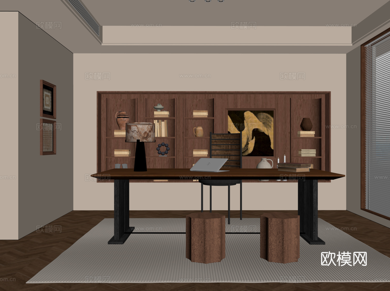 中古风书房 书桌椅 书柜 书架su模型
