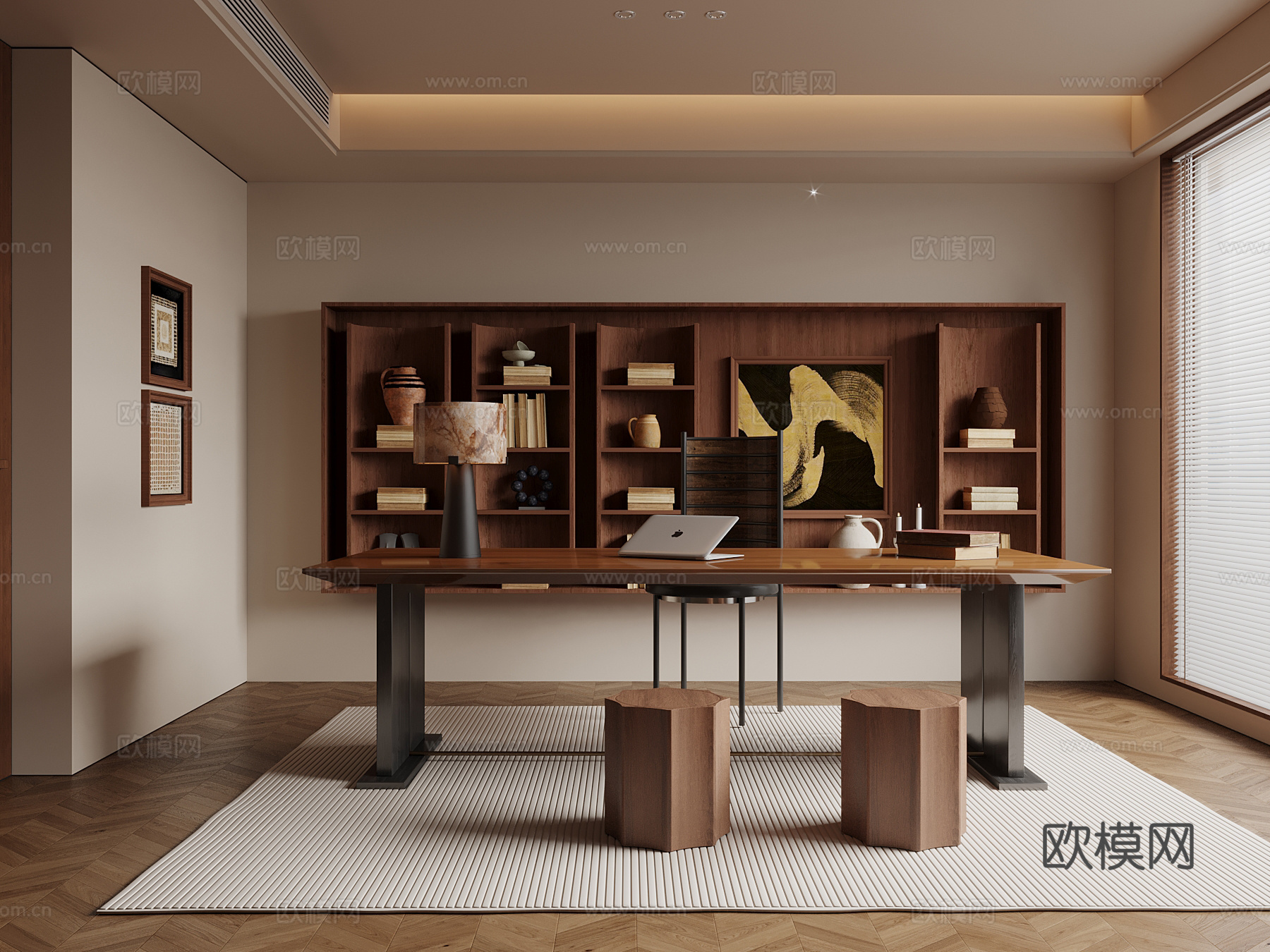 中古风书房 书桌椅 书柜 书架su模型