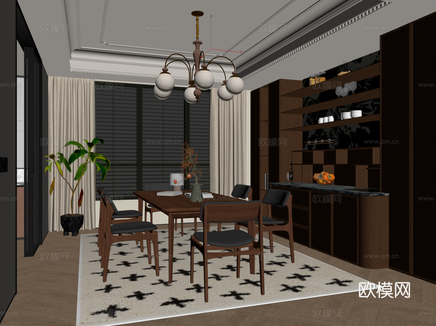 中古风餐厅 酒柜 餐桌椅su模型