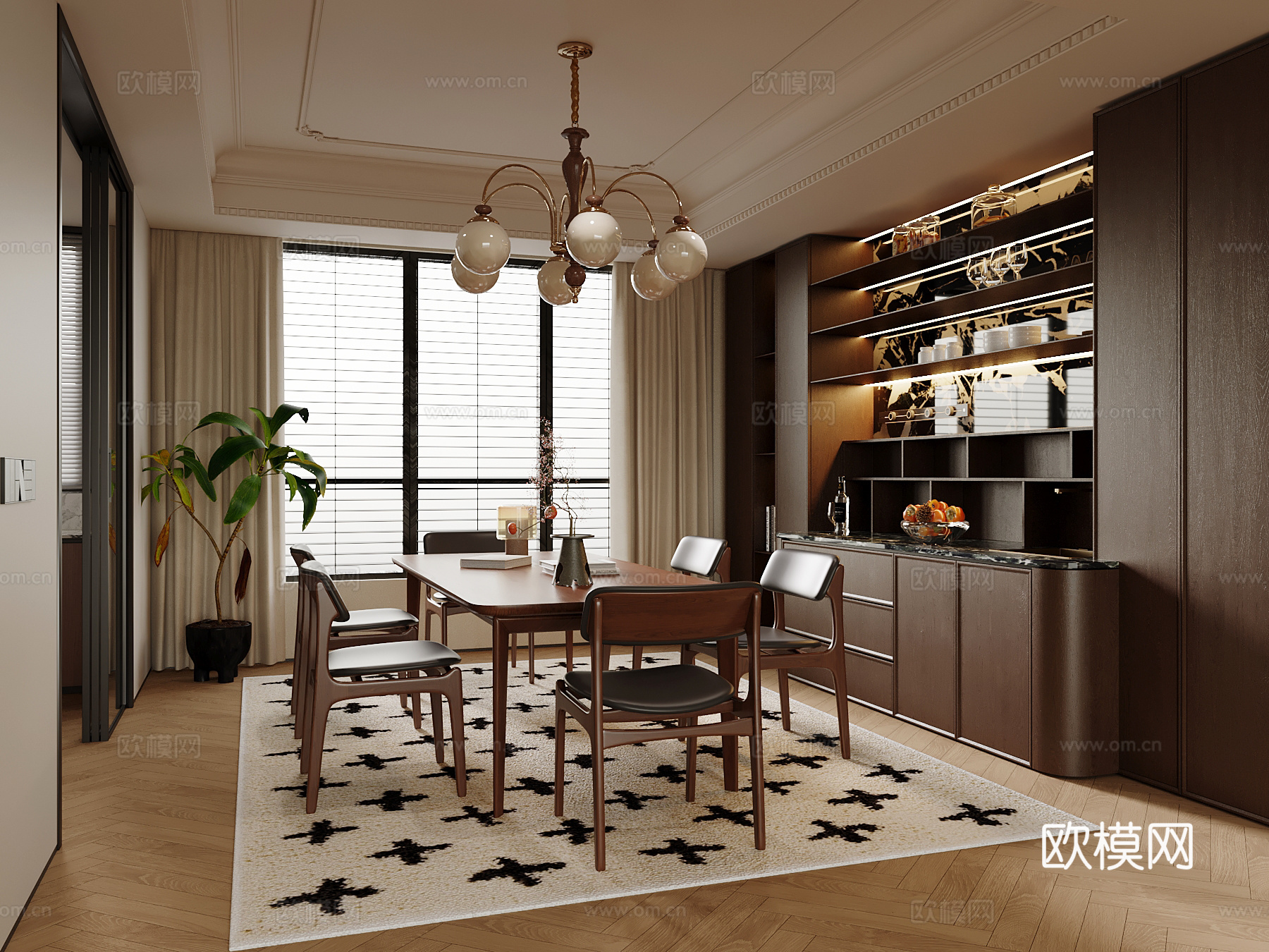 中古风餐厅 酒柜 餐桌椅su模型