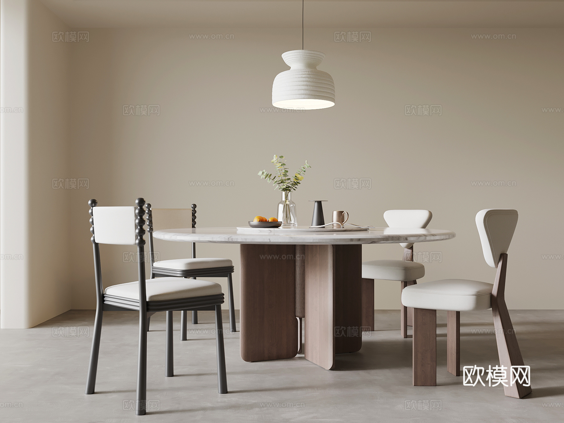 现代中古风餐桌椅 圆桌su模型