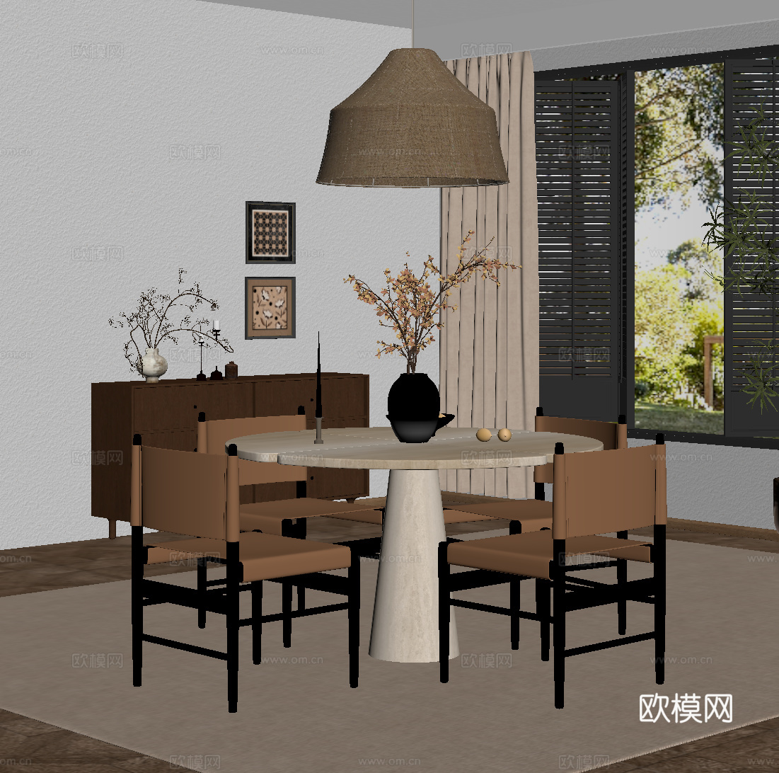 中古风餐厅 餐桌椅 洽谈桌椅 边柜su模型