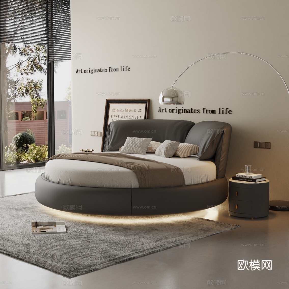 圆床 卧室家居 双人床 床头柜 极简床  装饰品 挂画 悬浮床3d模型下载