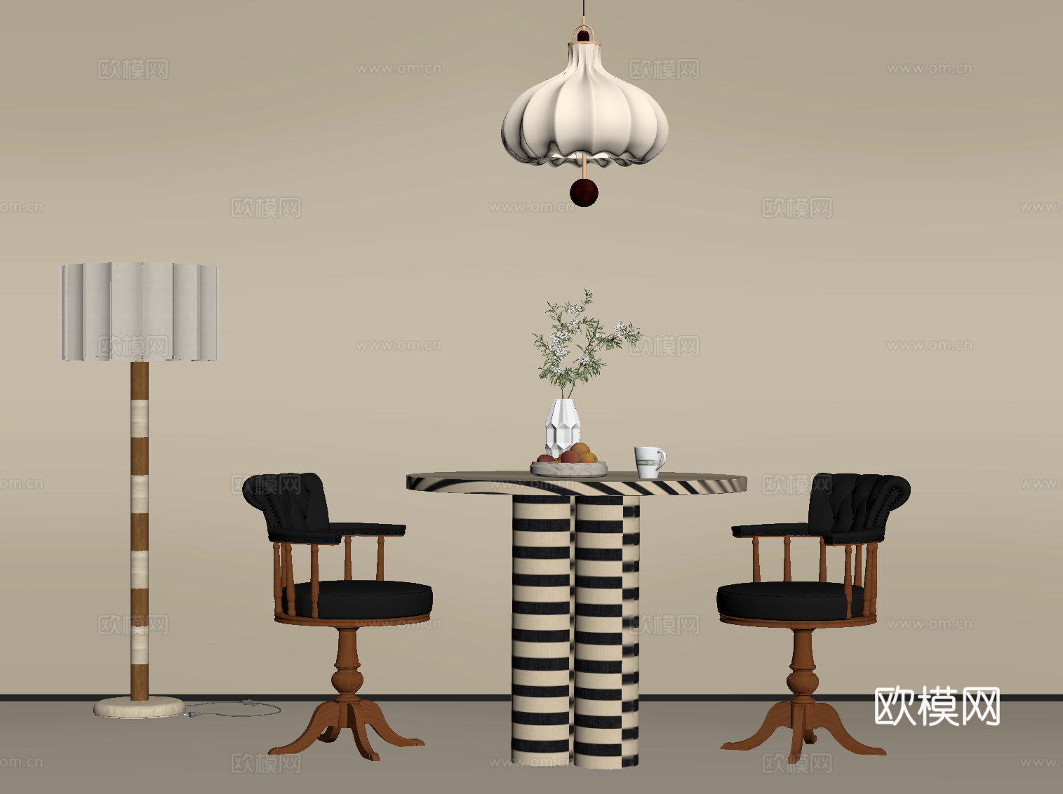 中古风餐桌椅 洽谈桌椅 落地灯su模型